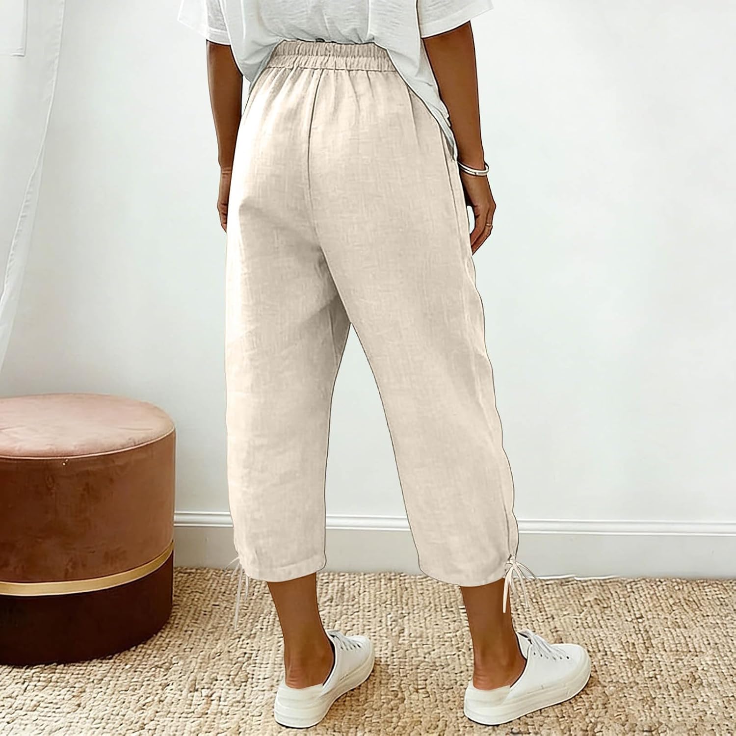 Womens Capri Pants Cropped Trousers Summer Beach Vacation Wide Leg Drawstring High Waist Palazzo Pants with Pockets