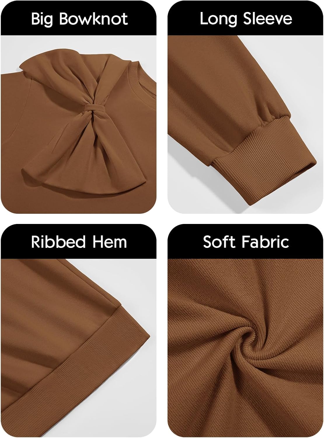Fisoew Womens Oversized Sweatshirt Bow Tie Long Sleeve Crewneck Casual Fall Pullover Tops Brown - Image 6