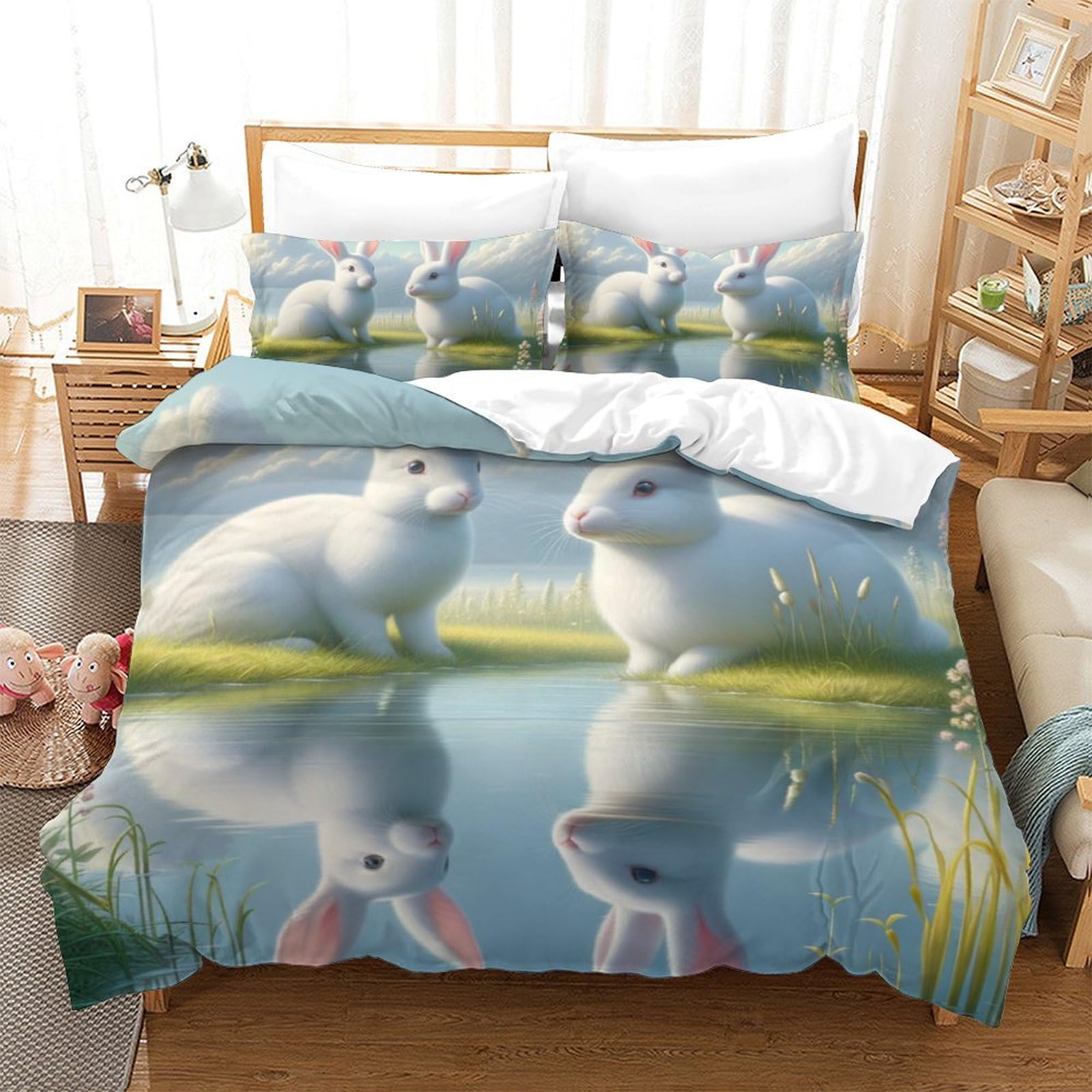 Housse de couette avec fermeture éclair motif lapin 3D lit deux personnes