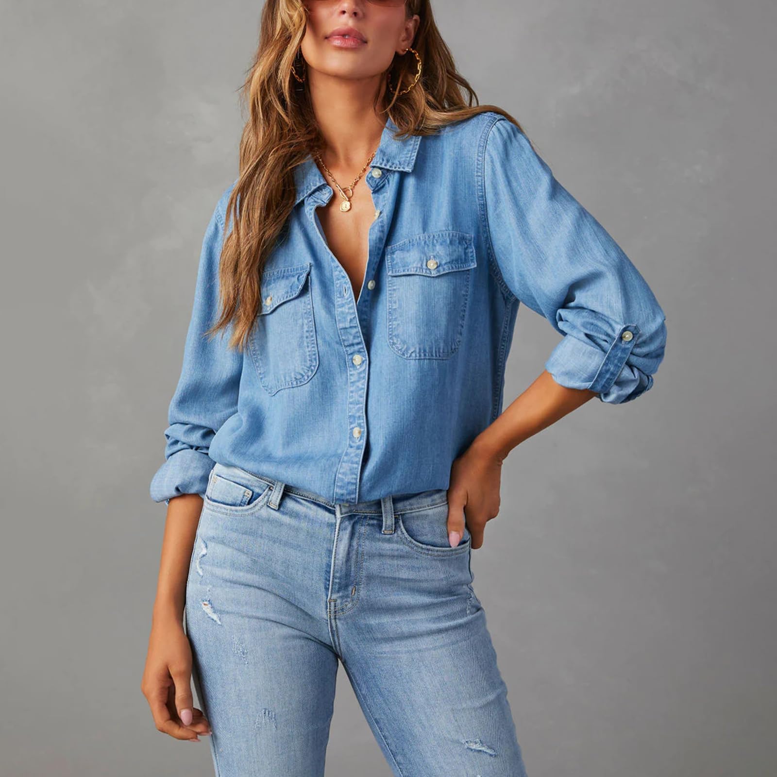 Chemise en jean boutonnée à manches longues pour femme - En chambray - Coupe ample