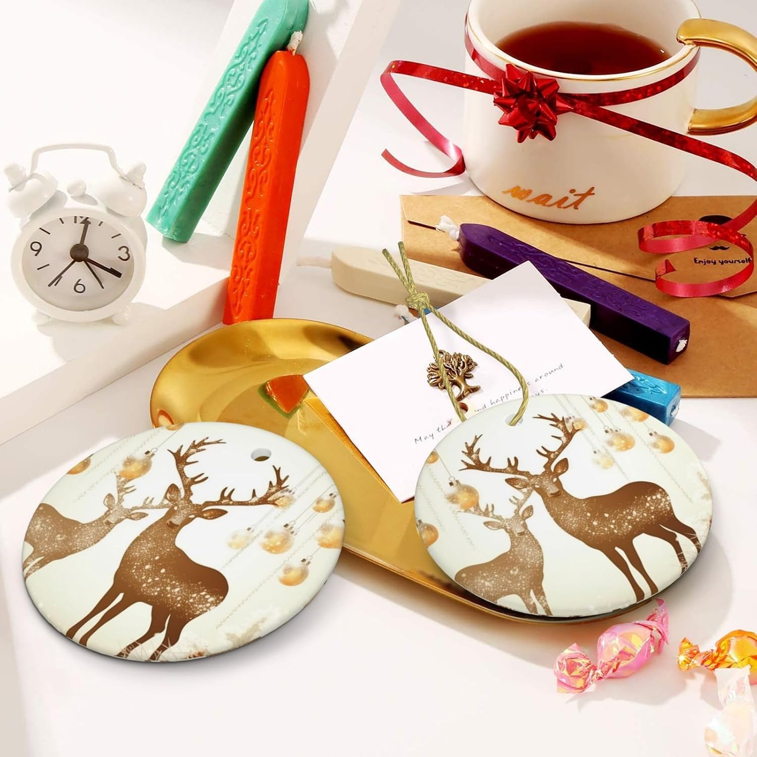 Christmas Ornaments Ceramic Round Christmas Hanging Ornament Double-Sided Christmas Decorate and Deer Print Christmas Tree Pendants for Fireplace Party Holiday Wedding Xmas Decoration Gift