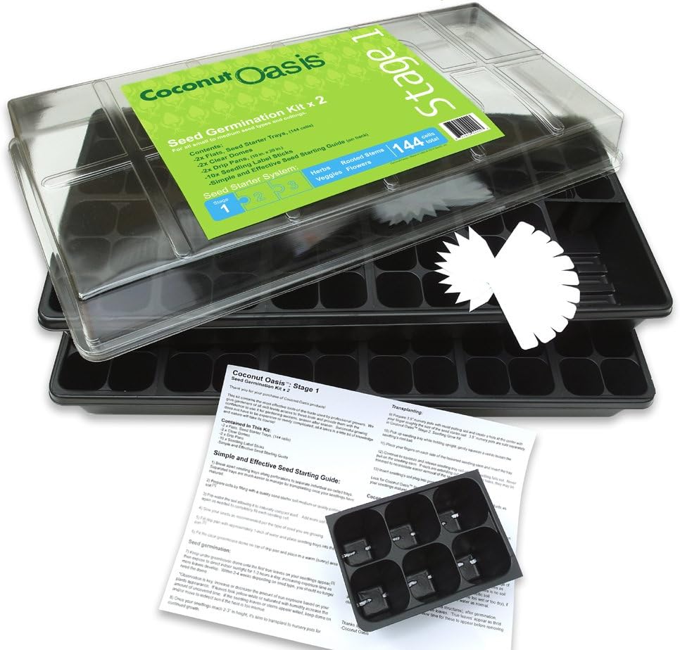 2 x Germination Kit &"Simple Starting Guide" by Coconut Oasis, Stage 1: Seedling Trays (144 Cells) & Greenhouse (Set of Two Drip Pans w/Clear Domes) + 10 Labels