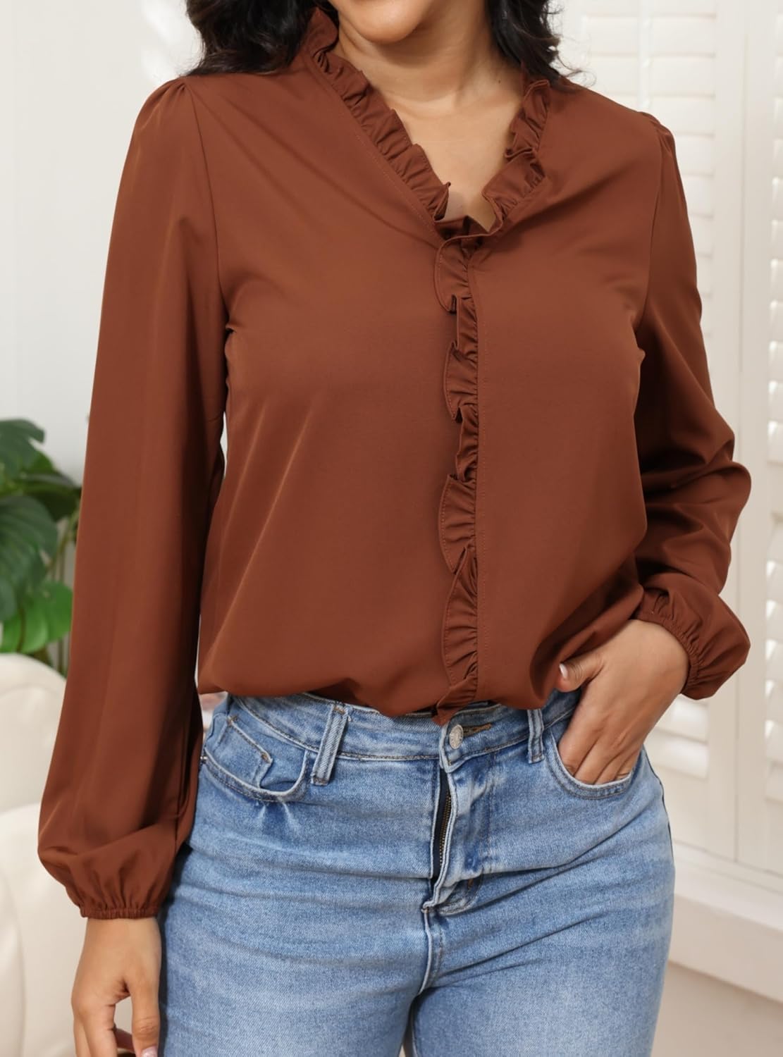 Women Blouses Ruffled V Neck Long Sleeve Shirt Solid Dressy Tops - Image 2