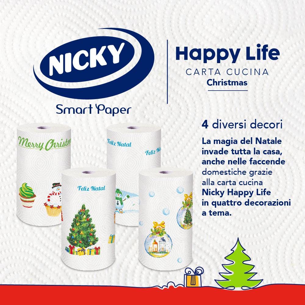 Nicky Happy Life Christmas - Carta Cucina Natalizia, 24 Rotoli Asciugatutto da 100 Strappi, Carta a 2 Veli, Apertura Facilitata, 4 decori natalizi diversi, Resistente ed Assorbente, Carta FSC