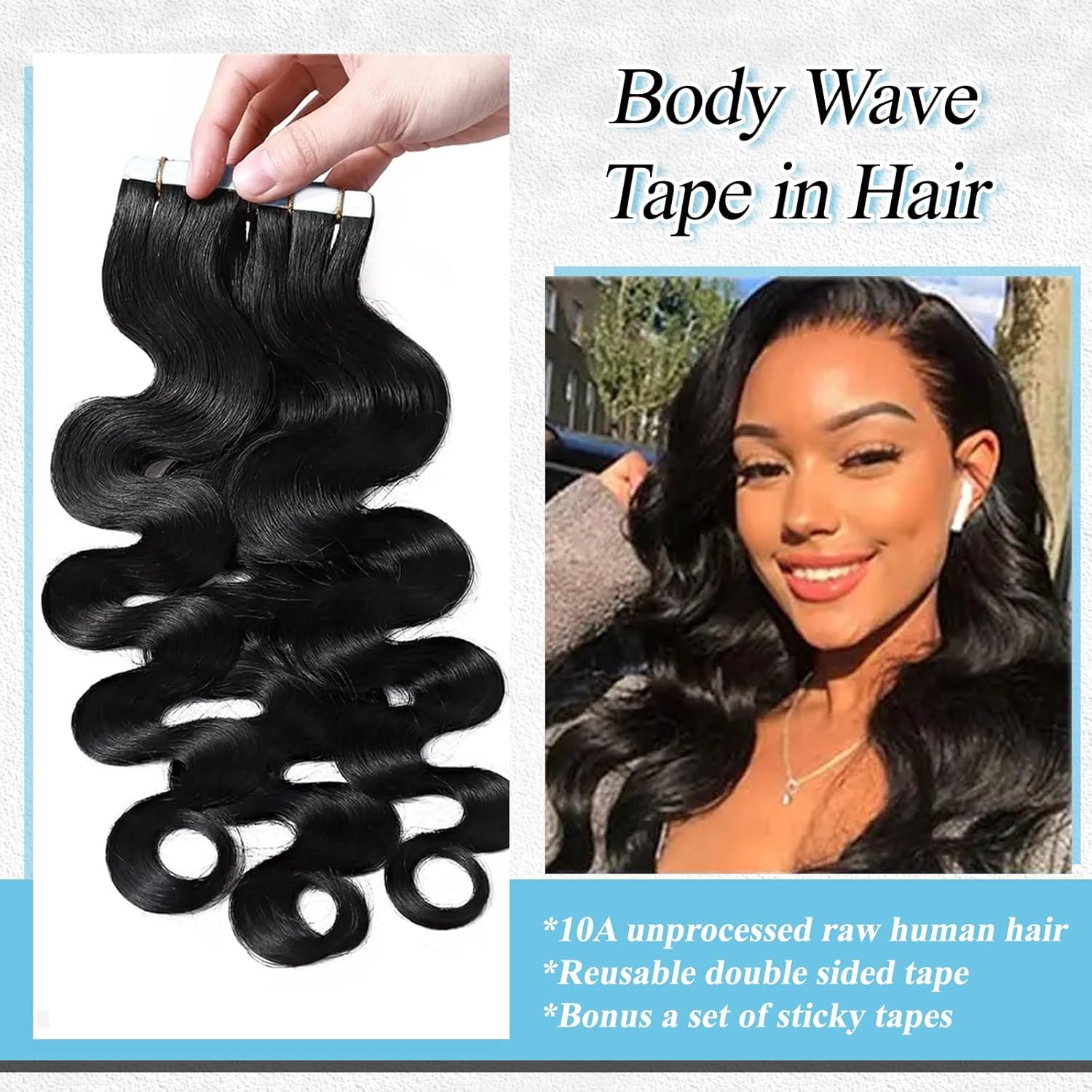 Body Wave Tape in Hair Extensions Human Hair 22 Inch #1B Natural Color Loose Wave Tape ins for Black Women Double Sided Real Remy Invisible Glue in Extensions 50g 20pcs