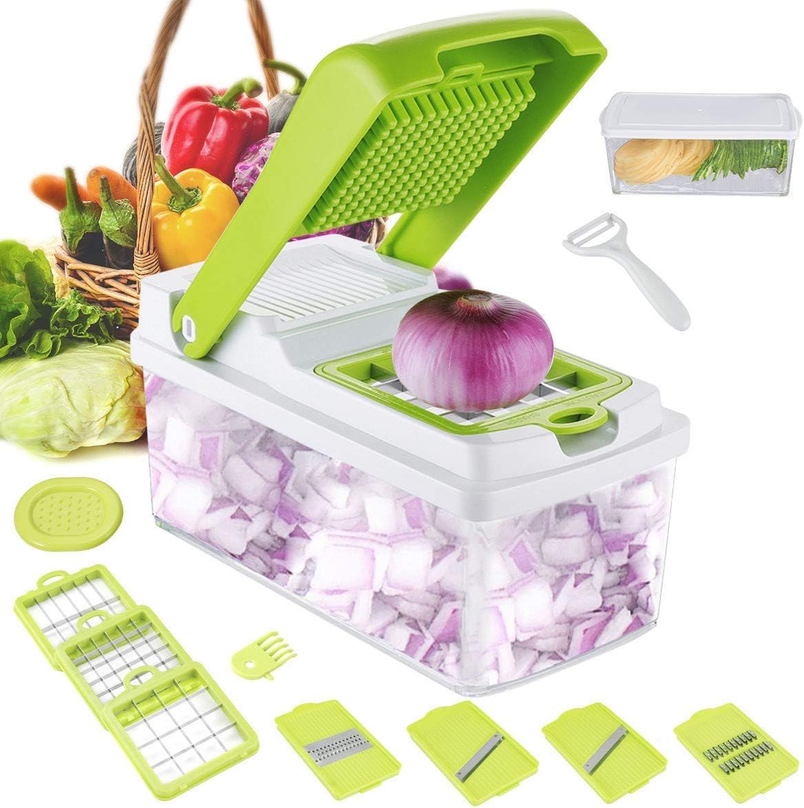 Godmorn Mandoline Slicer, Vegetable Veggie Chopper Dicer Cutter Grater, 7 Interchangeable Stainless Steel Blades, Preparing Vegetables Fruits Salad Low-Carb, Paleo Gluten-Free Diets, For Home/Camping