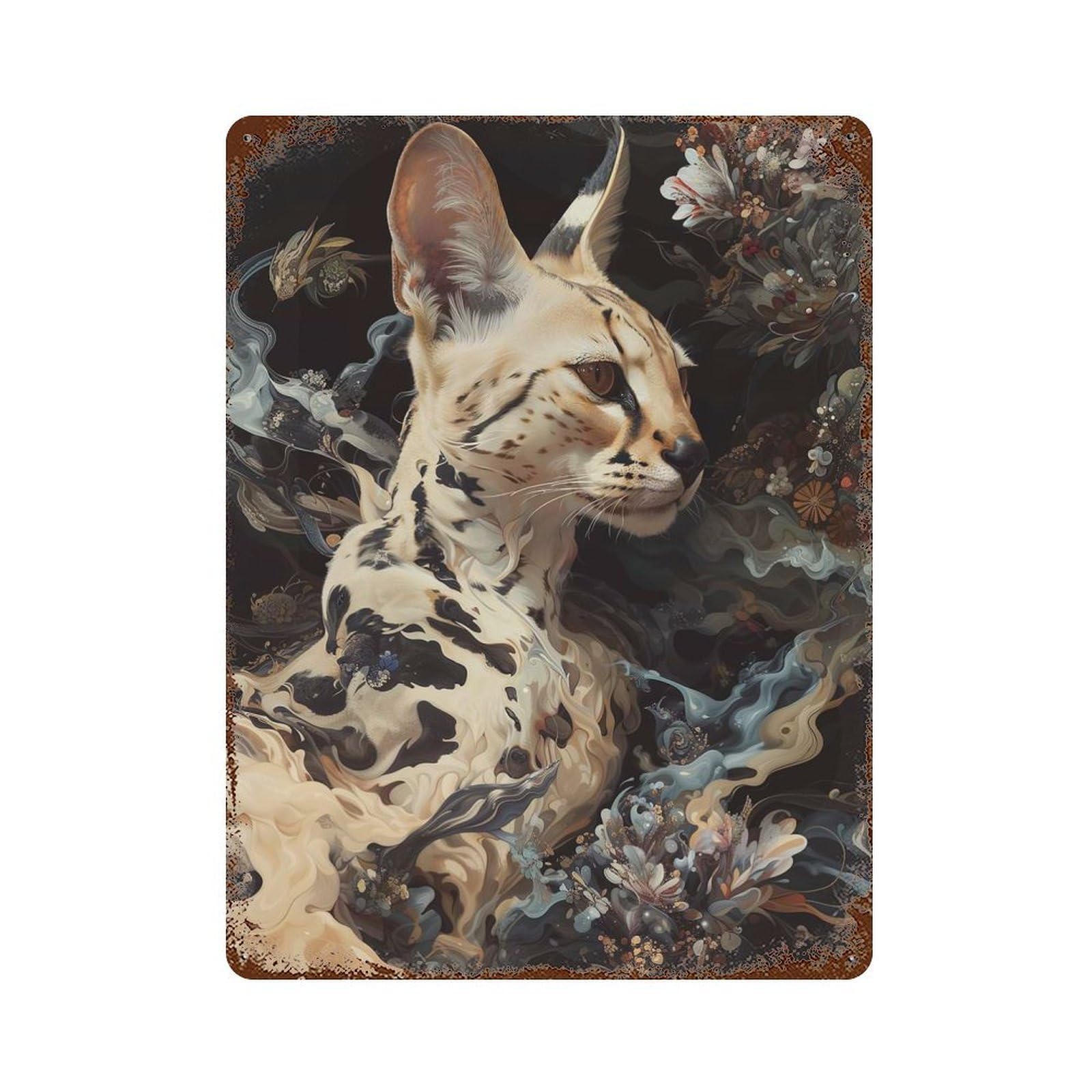 Rust Effect Serval Whimsy Aged Metal Wall Plaque 15.7"x11.8", Shabby Chic Decor for Living Room, Hallway And Home Decor