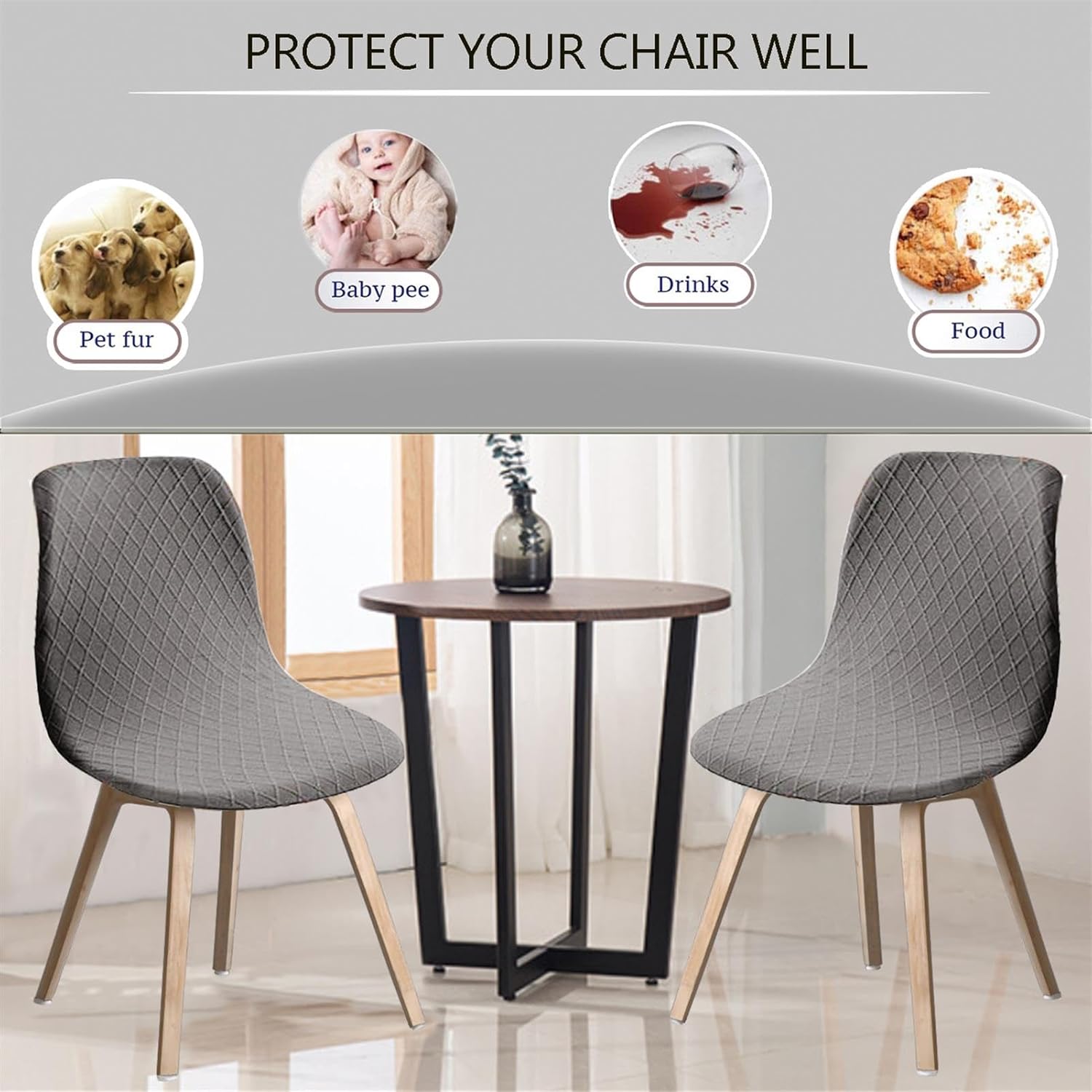 Jacquard Shell Chair Covers Set of 2/4/6 Stretch Waterproof Scandinavian Dining Chair Slipcovers Washable Modern Chair Protector Seat Covers for Living Room Coffee,Light Gray,6pcs