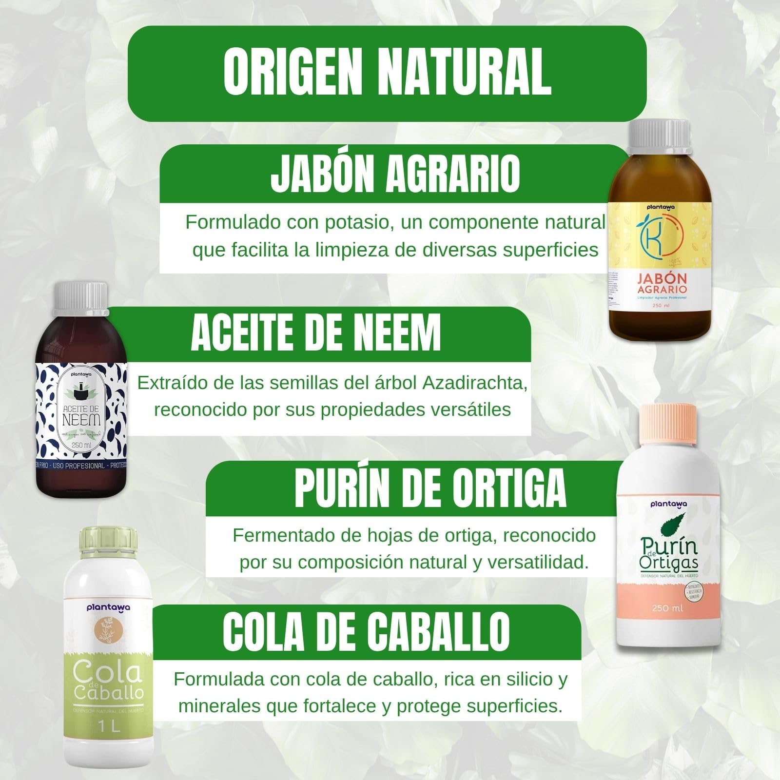 PLANTAWA Protección TOTAL: Jabón Potásico 1L, Aceite de Neem 250ml, Purín de Ortiga 1L, Cola de Caballo 1L | Solución Versátil | Fácil Aplicación | Cuidado Eficaz y Seguro