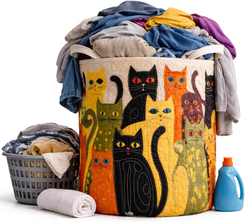 Quilted Laundry Basket with Handles, Boho Floral Fabric Hamper for Clothes & Toys, Soft Large Storage Basket for Nursery, Bedroom, Laundry Room