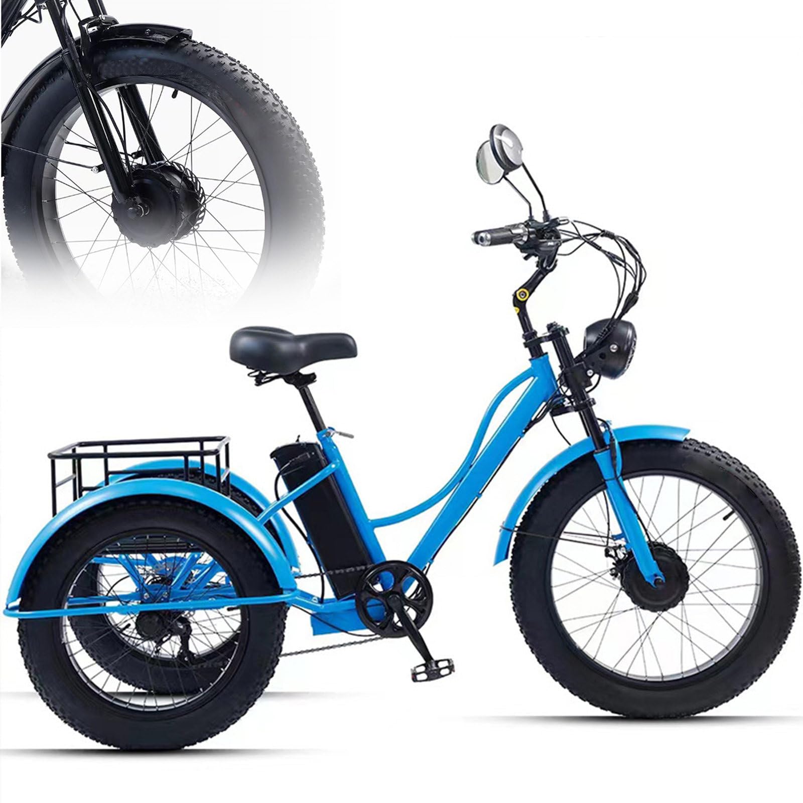 LRPMGZYoe Electric Tricycle For Adults 7 Speeds Electric Bike Fat Tire for Adults, 200kg Load Capacitay with Cargo Basket Elderly Exercise Shopping Comfortable Rides Blue