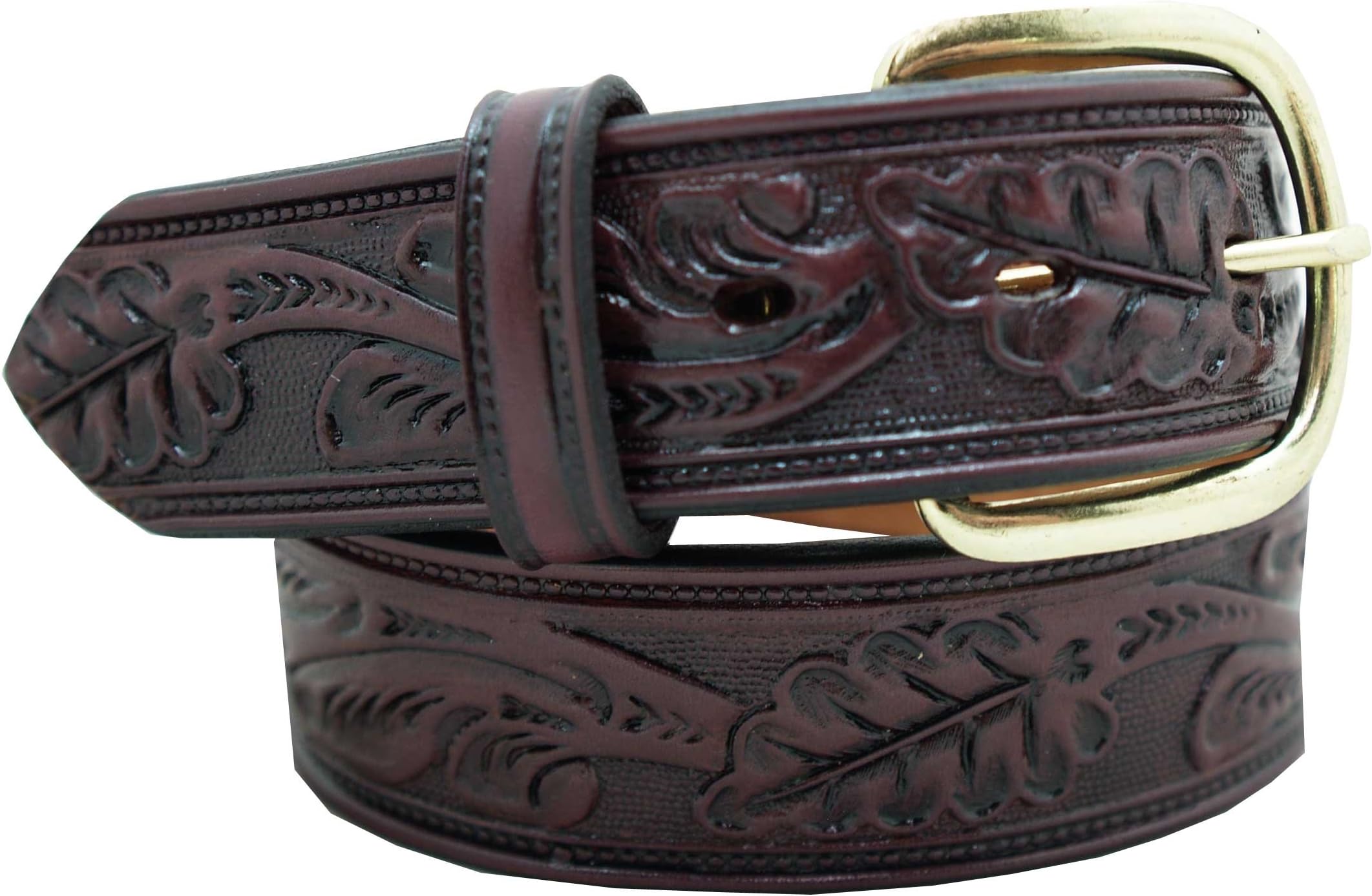 Men's Casual Belt - 1 1/2" Oak Leaf Embossed Classic Western Style Belt.