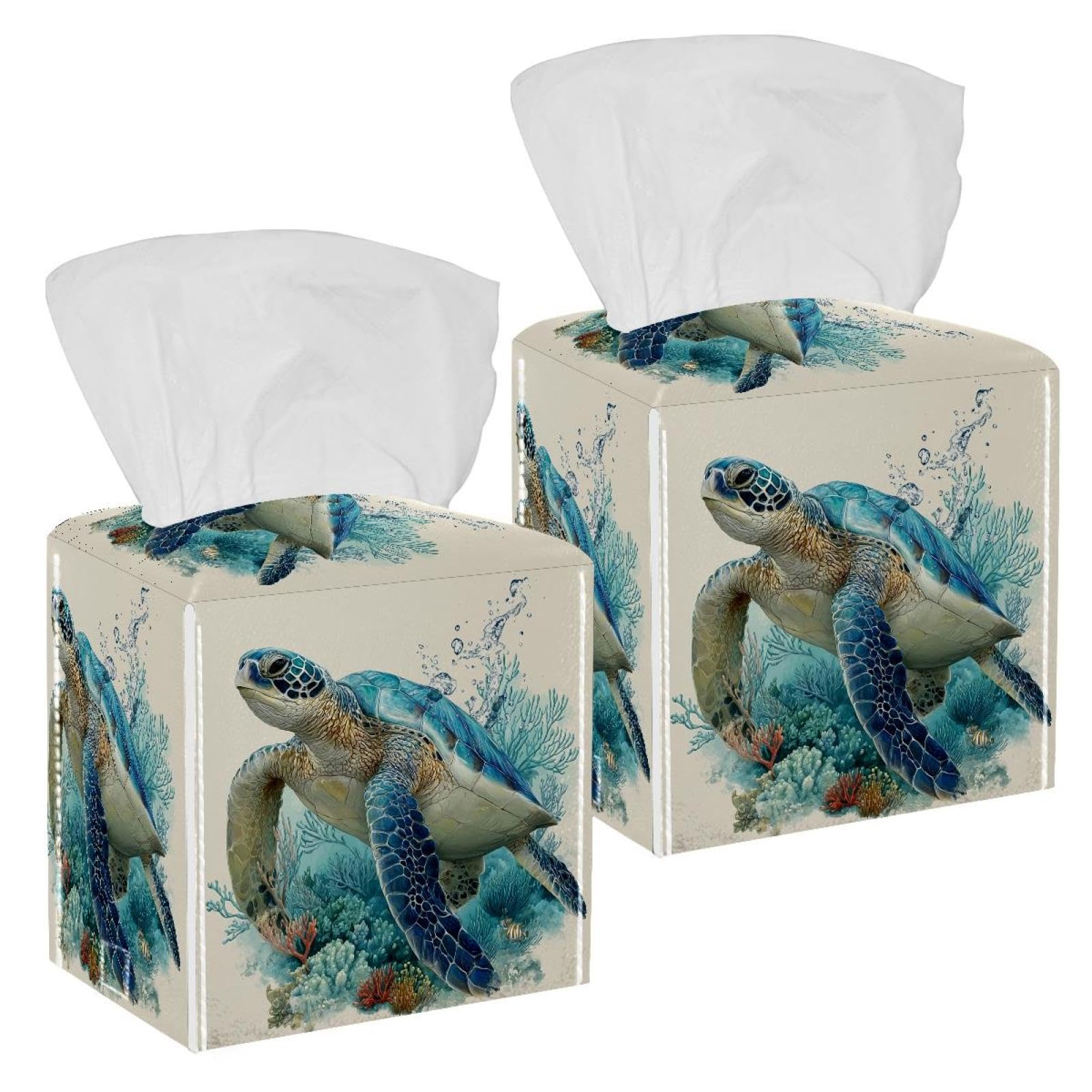 Sea ​​Turtle Tissue Box Cover, 2 Pack PU Leather Square Facial Tissue Dispenser Box holder for Home Office Car