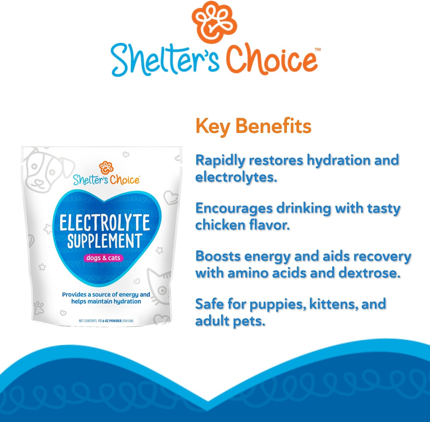Shelter’s Choice Electrolyte Supplement for Dogs and Cats - Chicken-Flavored Powder with Amino Acids and Dextrose - Supports Hydration and Recovery - 2308 kcal/kg - 5g Scoop - 2 Weeks and Older