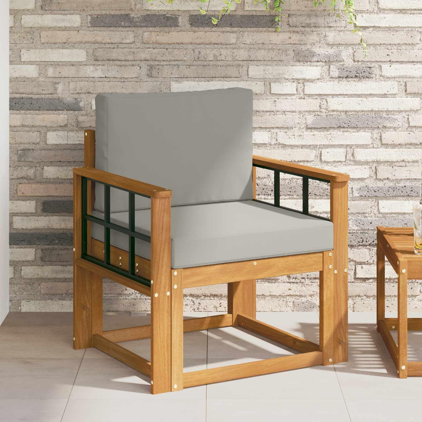 Divano da esterno in legno di acacia massiccio e poliestere, set di mobili da giardino, per terrazza, balcone, con braccioli a griglia