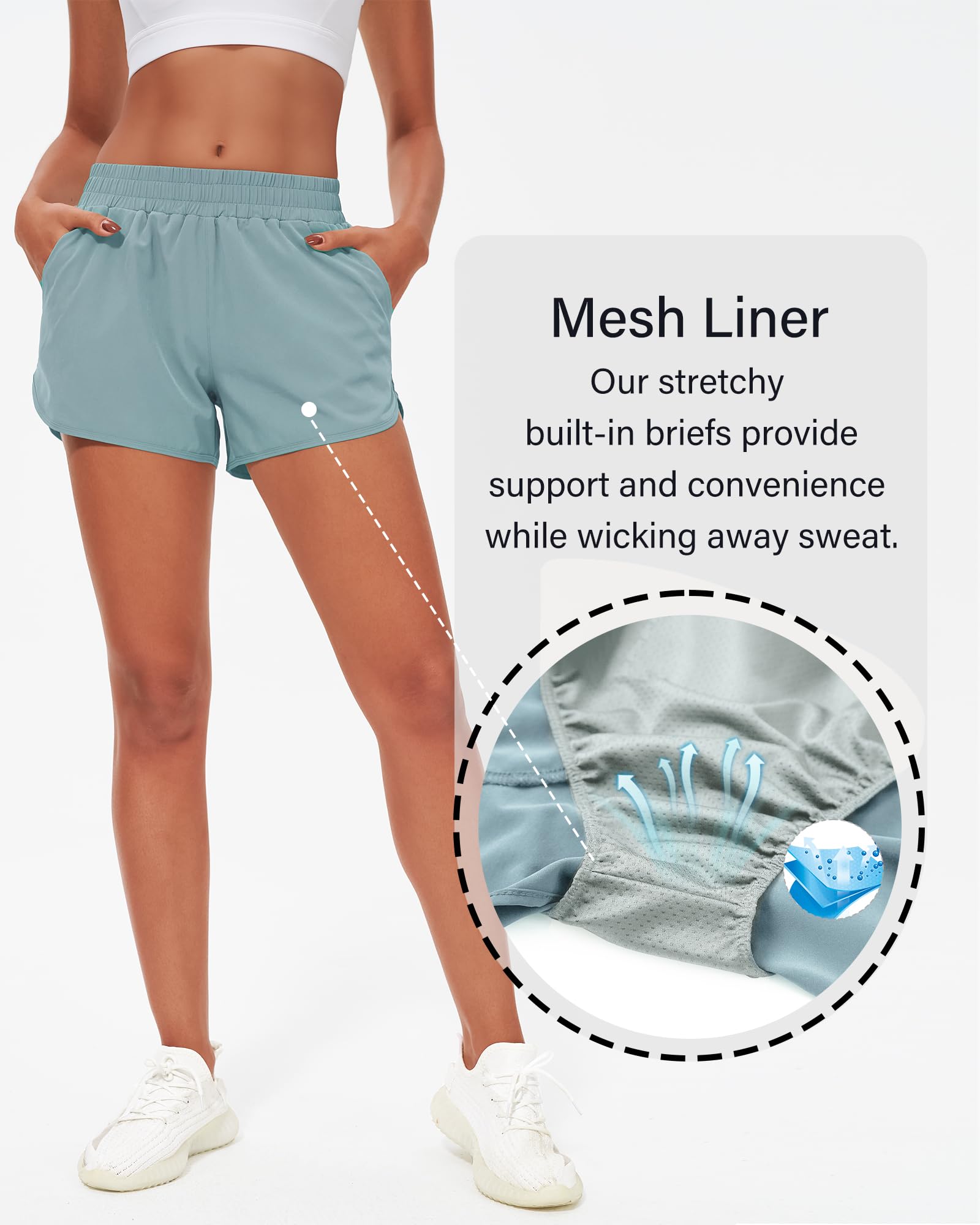 Stelle Pantalones cortos de correr para mujer, de 7,6 cm, con forro de malla, cintura alta, pantalones cortos de entrenamiento de secado rápido, con bolsillos