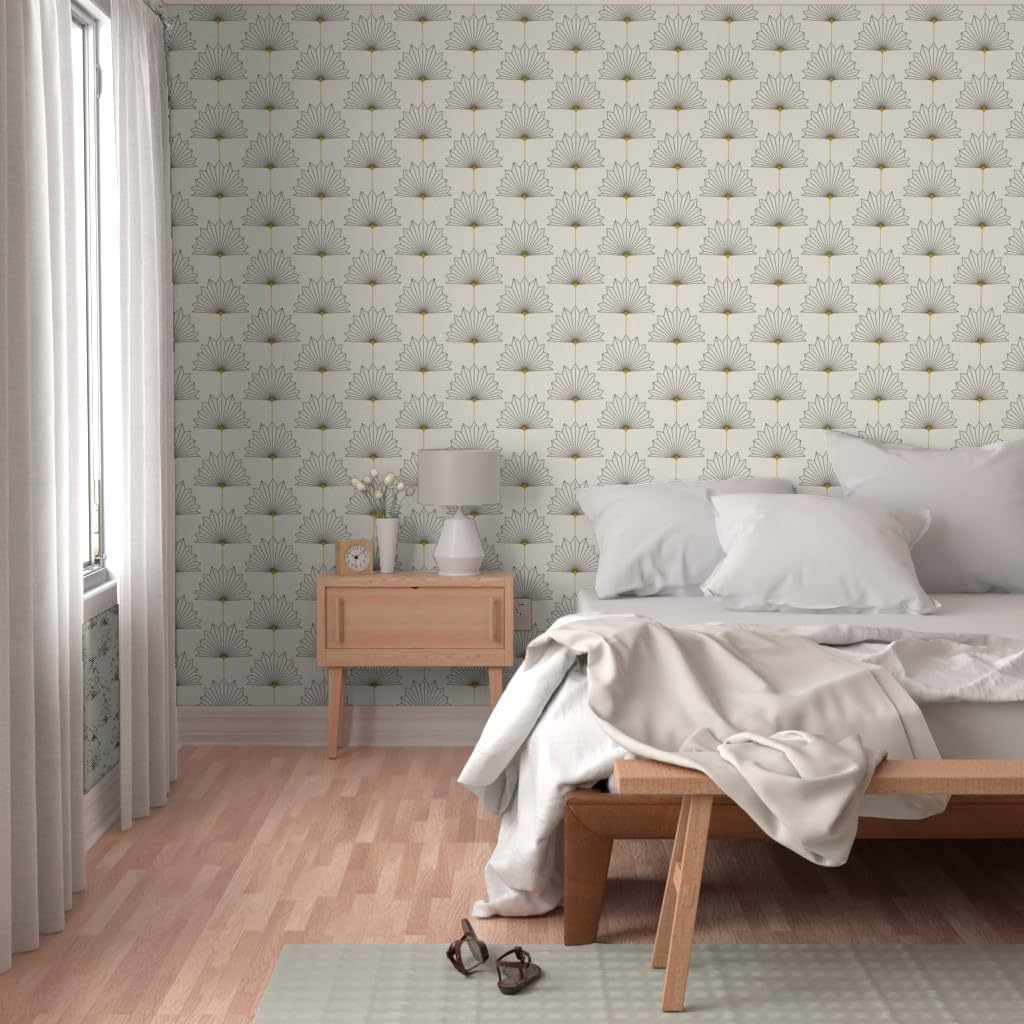 Spoonflower Removable Wallpaper Swatch - Art Deco Palms 1920S Tropical Palm Leaves Fans Vintage Neutral Geometric Coastal Custom Pre-Pasted Wallpaper
