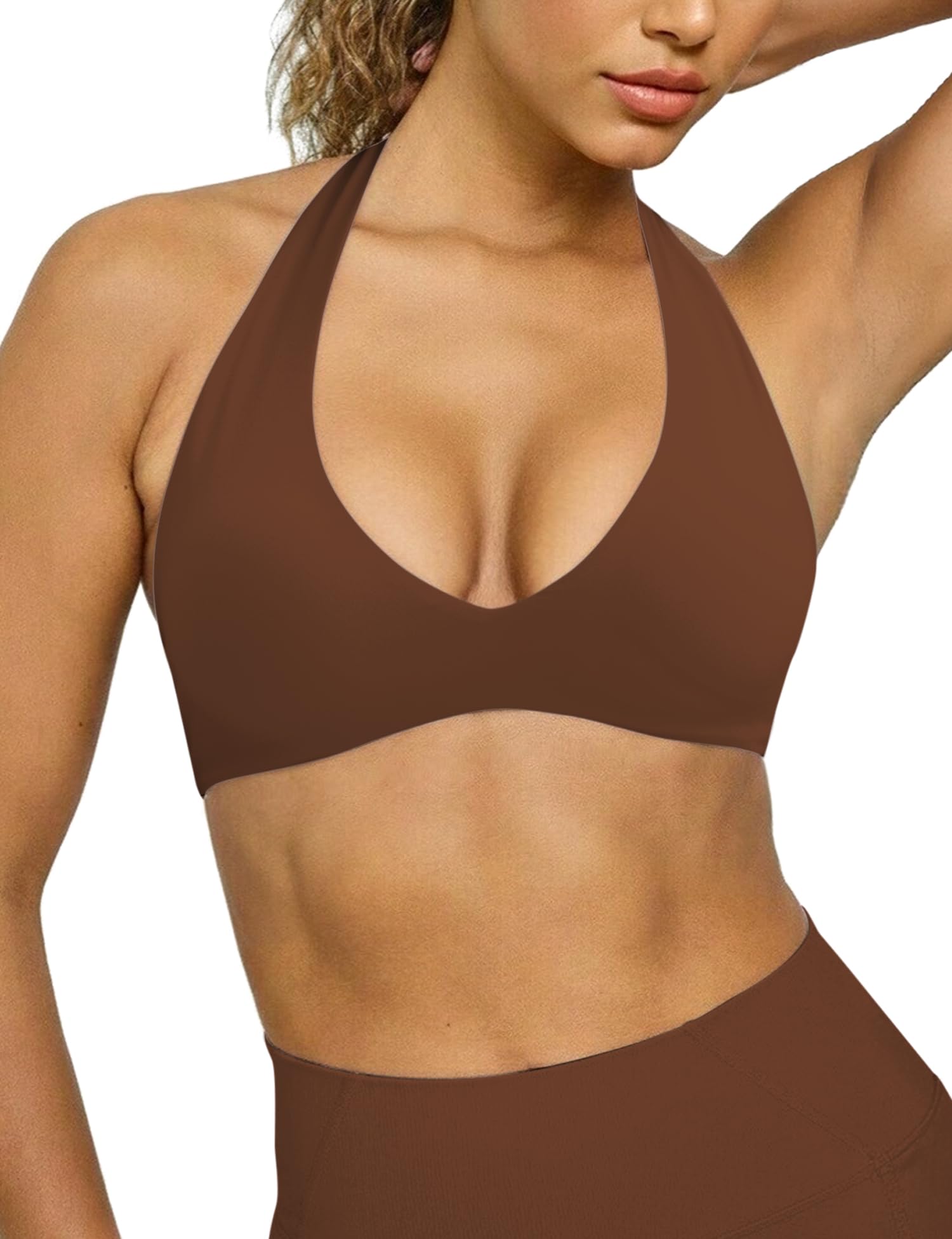 Halter Sports Bras for Women Minimal Deep V Neck Open Back Wireless Workout Gym Yoga Bra
