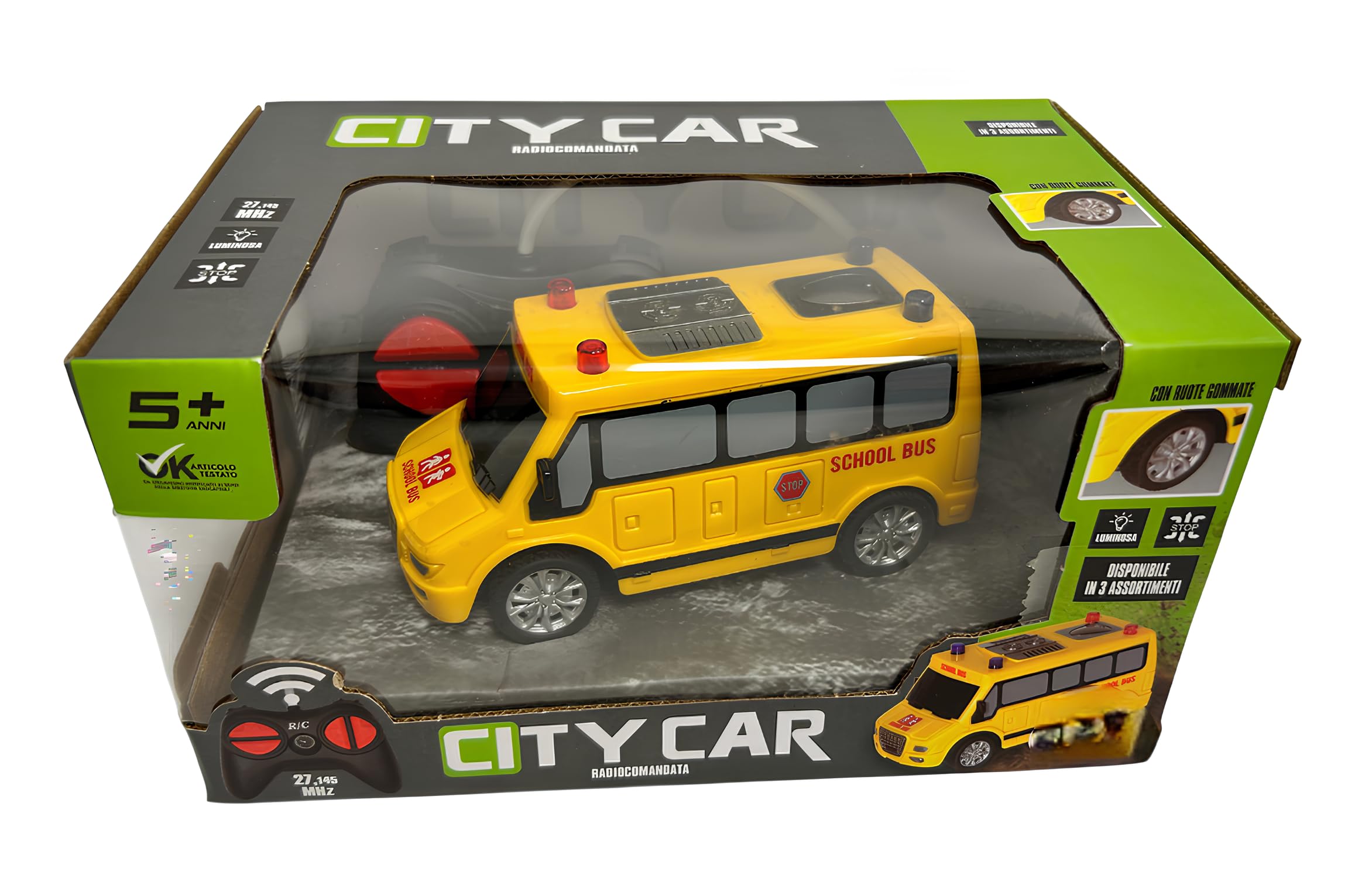 Coche teledirigido para niños City Car Mini Vehículos 13,5 cm Coche teledirigido con luces y ruedas de goma Rc Ambulancia Telecomdata Pullman Bus Radiocontrolado Pulmín con mando a distancia (SCHOOL