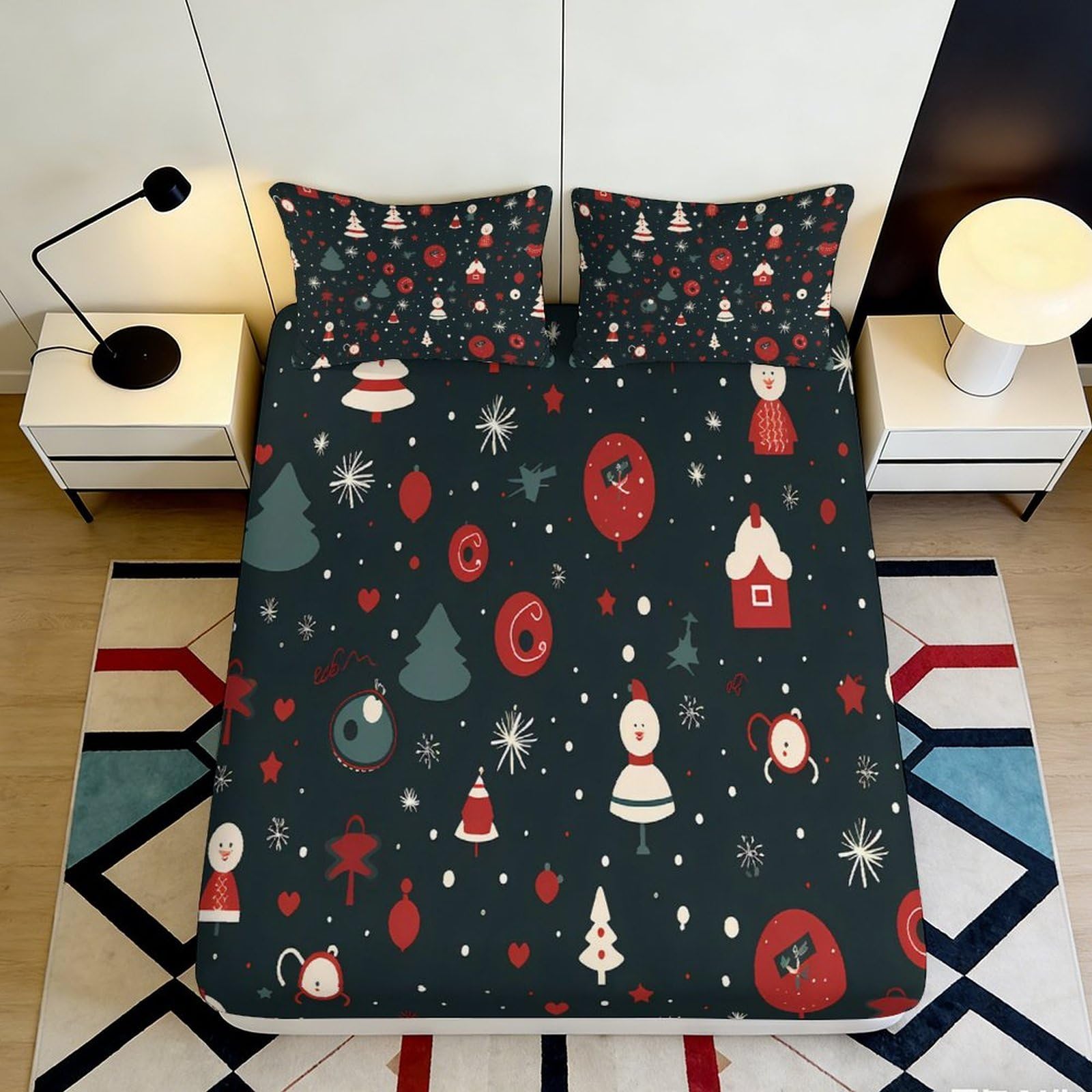 3D Printed Christmas Tree Fitted Sheet Microfiber Soft Snowman Bed Cover for Bedroom Guest Room Decor Protection 90x200x25cm