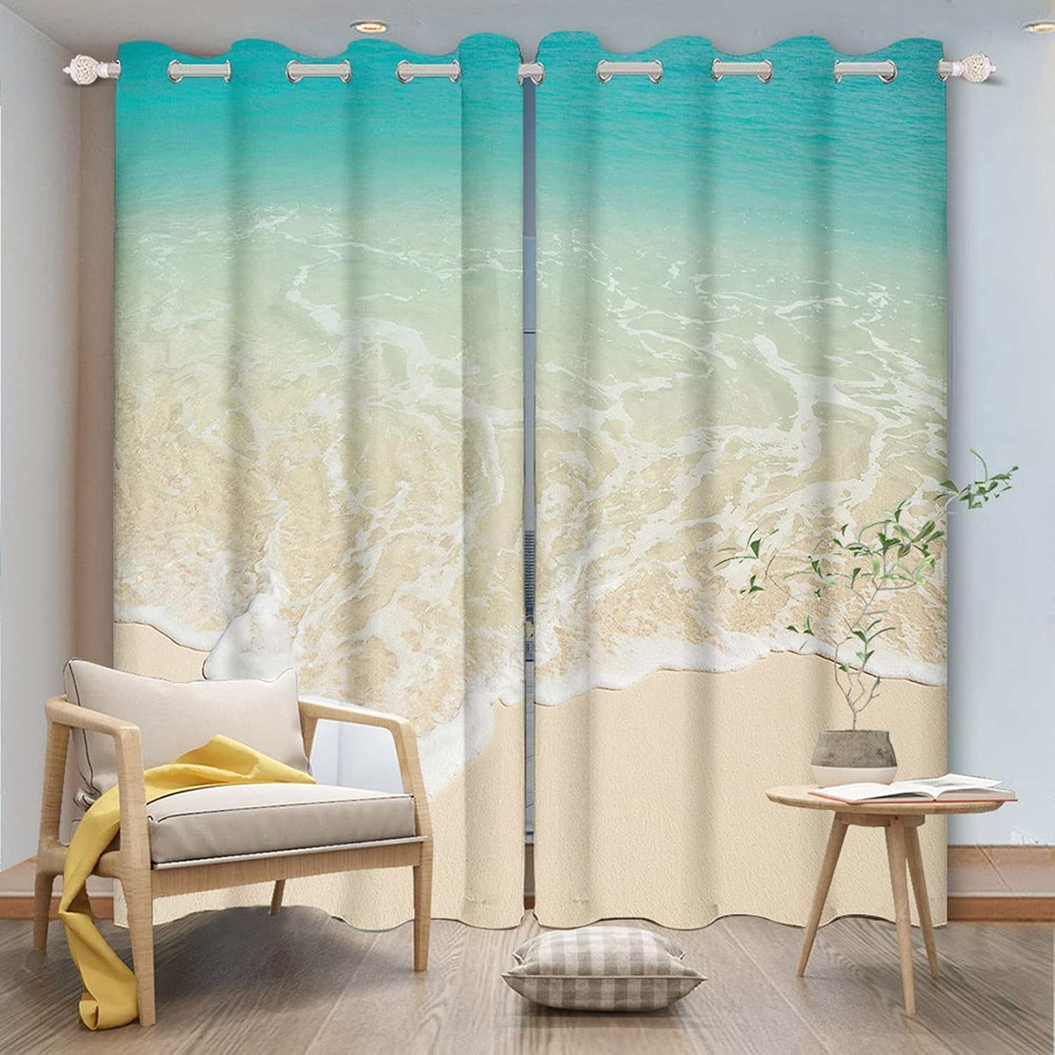 Hawaii Beach Blackout Curtains, Paradise Ocean Island 3D Printed Drapes, 2 Panels Decor Heat Insulation Noise Reduction Grommet Drapes for Bedroom Living Room Window(52" Wx84 L)