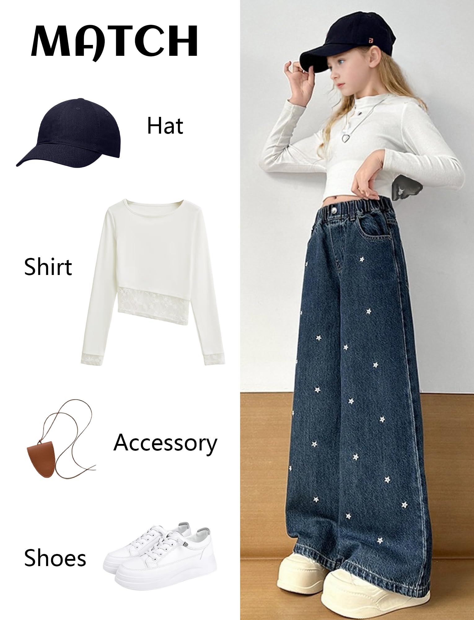 Happy Cherry Jeans Ado Fille Pantalon Droit Cargo Baggy Large Enfant Y2K Kpop Jean Taille Élastique 120-170=(EU 110-164)