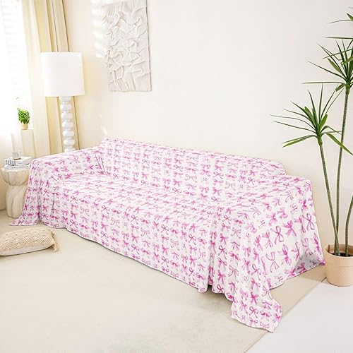 Vista 2 de Erosebridal Funda de sofá Kawaii de 71 x 102 pulgadas, con lazo de cinta, antideslizante, bonito color rosa, con lazo de princesa, protector de sofá
