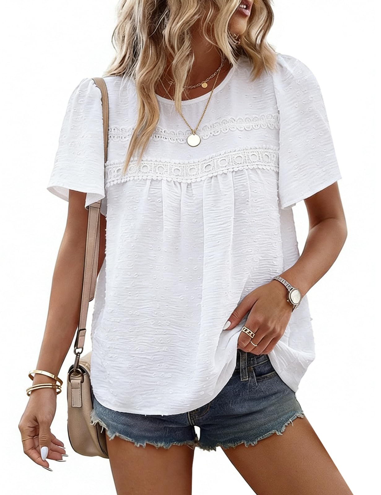 CMTOP Damen Bluse Sommer Shirts Kurzarm Oberteil Rundhals Hemdbluse Elegant Fließend Spitze Sommerblusen Leicht Süß Sommertop Shirts Damenblusen Lässige Locker Tunika Tops