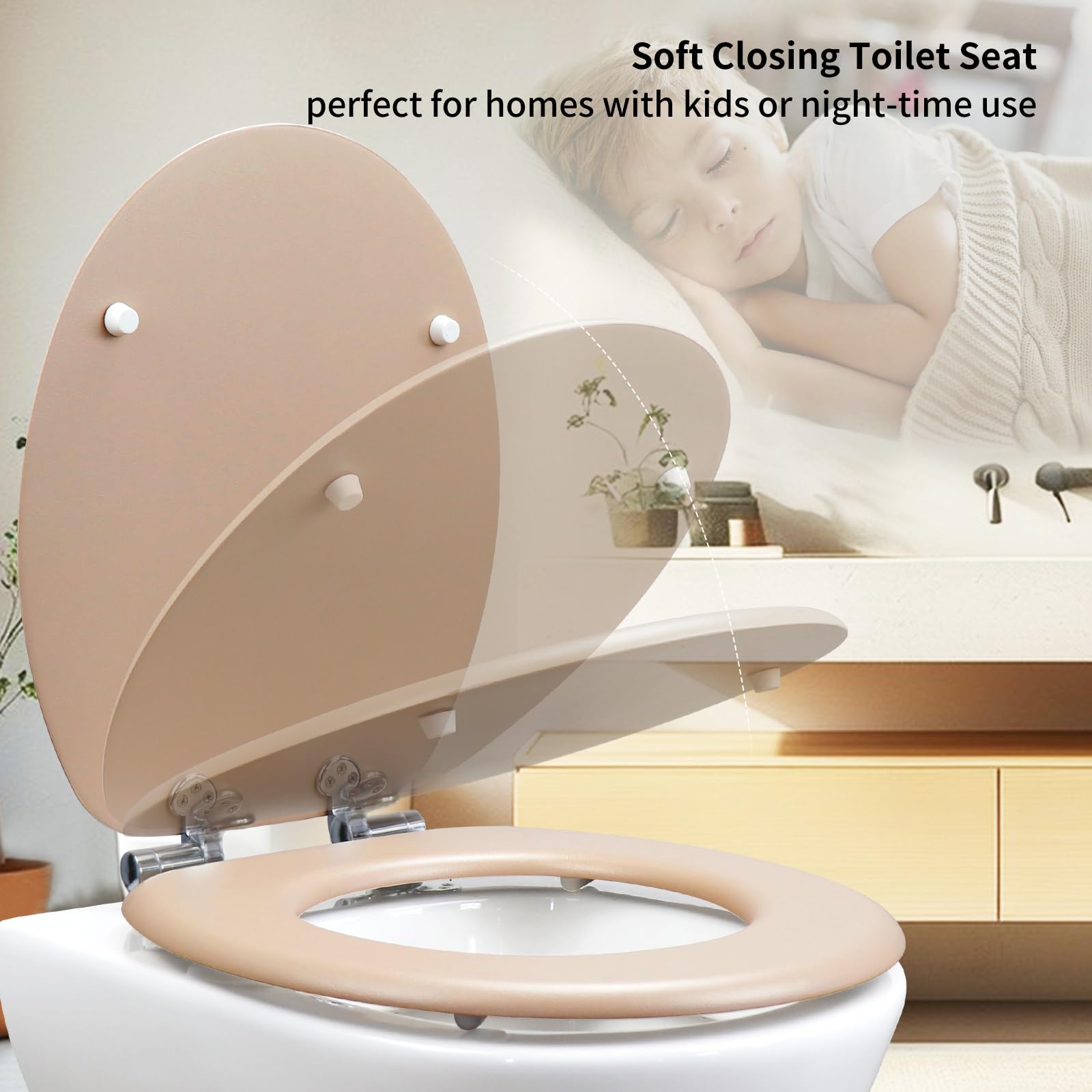 Asiento de inodoro universal de madera de cierre suave, hecho de MDF con material de aspecto de piel de PVC, bisagras ajustables con accesorio inferior, fácil de instalar para baño, 43,5 x