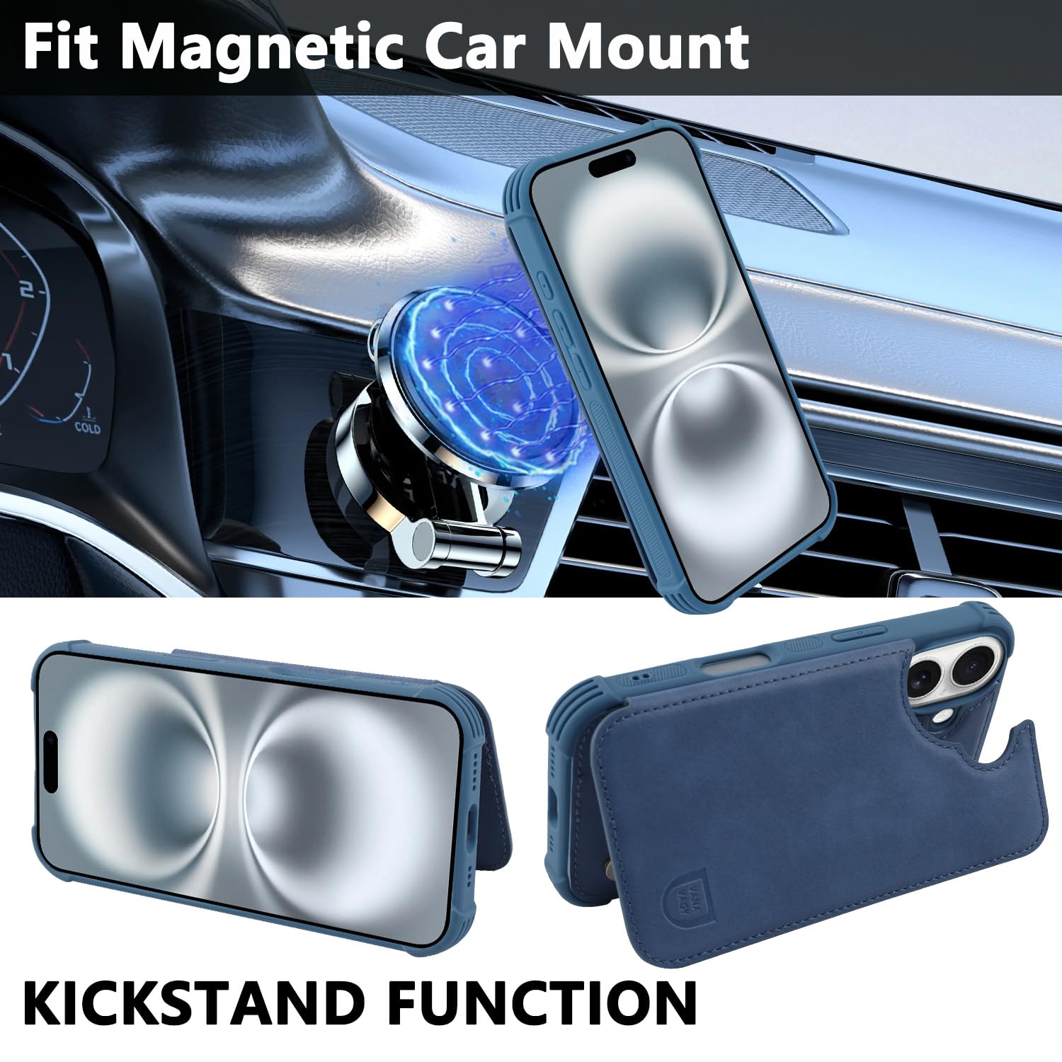 VANAVAGY Compatible for iPhone 16 Wallet Case with Credit Card Holder,Rfid Block Leather Flip Folio Phone Cover Fits Magnetic Car Mount and Stand with Screen Camera Protector,Blue - Image 4