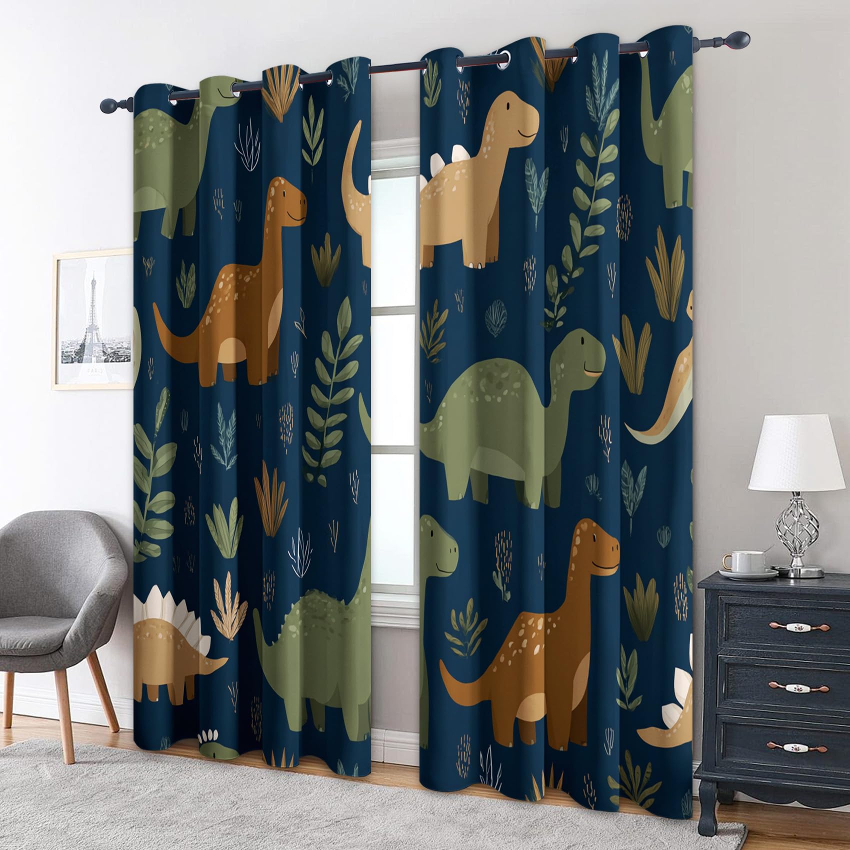 Rideaux Motif Enfants Dinosaures - Rideau Occultant Mignon Dino Animaux, Lot de 2 Rideaux Imprimé, Decoration Chambre Salon Cuisine, Draperies Intérieurs à Oeillets L 140 x H 180 T&YH-42