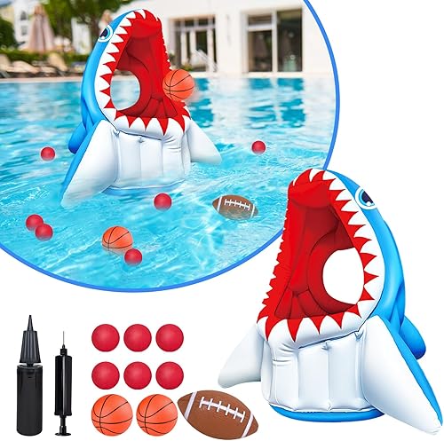 Miniatura 2 de Flotadores inflables para piscina, juguetes de piscina para niños, 3 en 1, tiburón, baloncesto, fútbol y aro de cabeza para niños de 3, 4, 5, 6, 7,