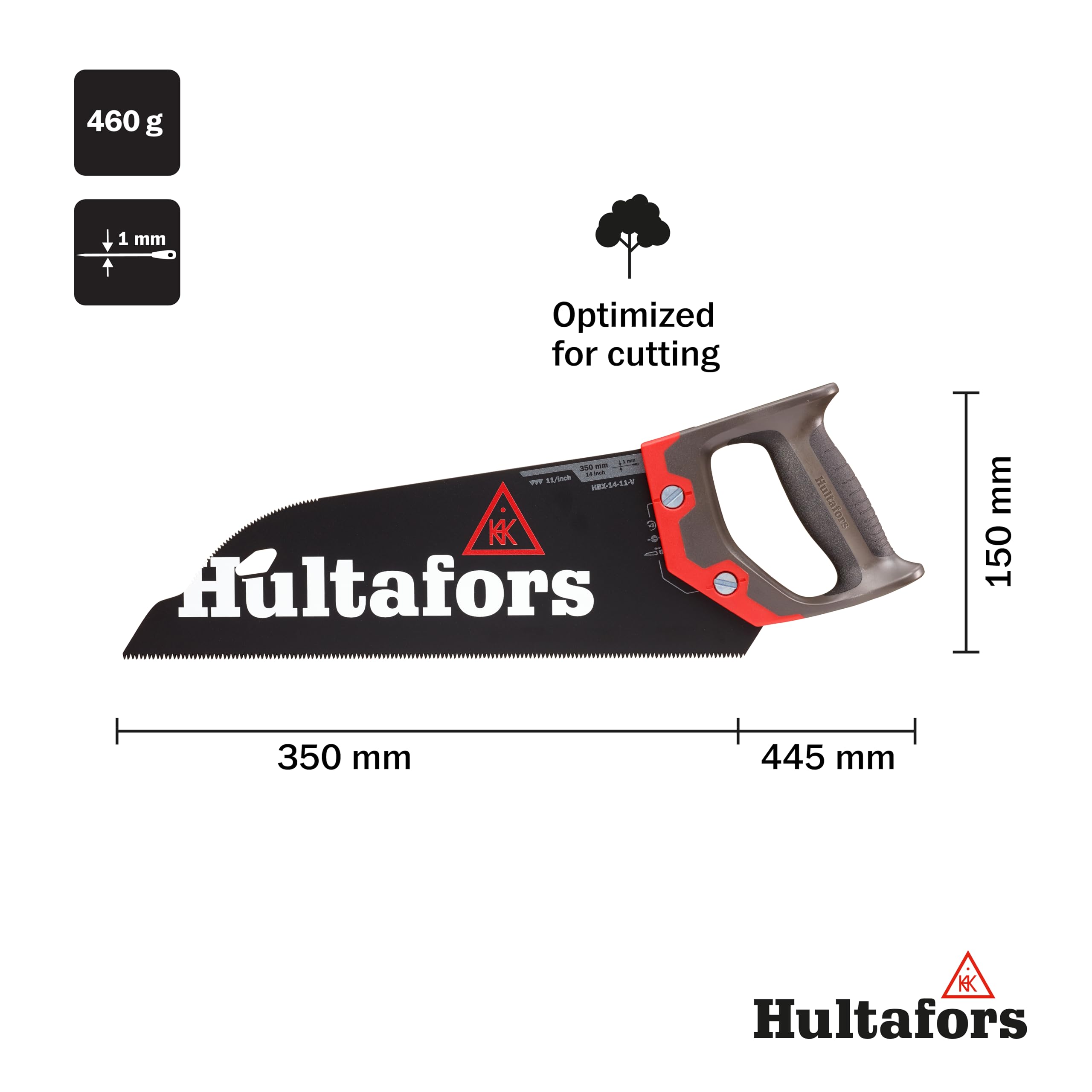 Sierra para chapas de 350 mm de Hultafors | 11 dientes por pulgada | Sierra para madera y laminados | Con mango ergonómico | Sierra de mano duradera con protector de hoja incluido | 590730