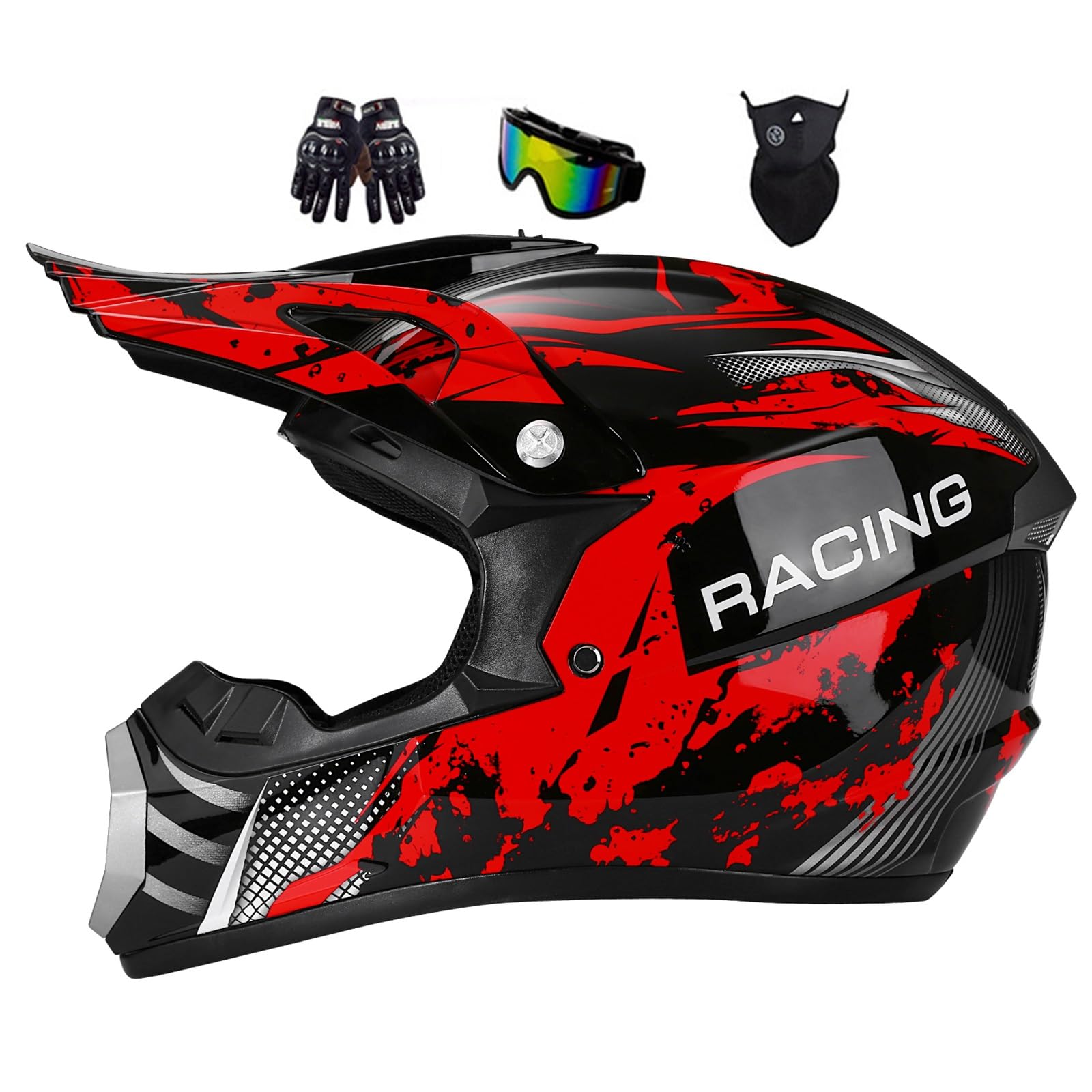Cascos De Motocross Niño, Casco De Moto Hombre Mujer, para Niños Y Jóvenes, Integral, para Todoterreno, Calle, Motocross, BMX, MX, UTV, con Guantes, Gafas Y Máscara (Juego De 4 Piezas)