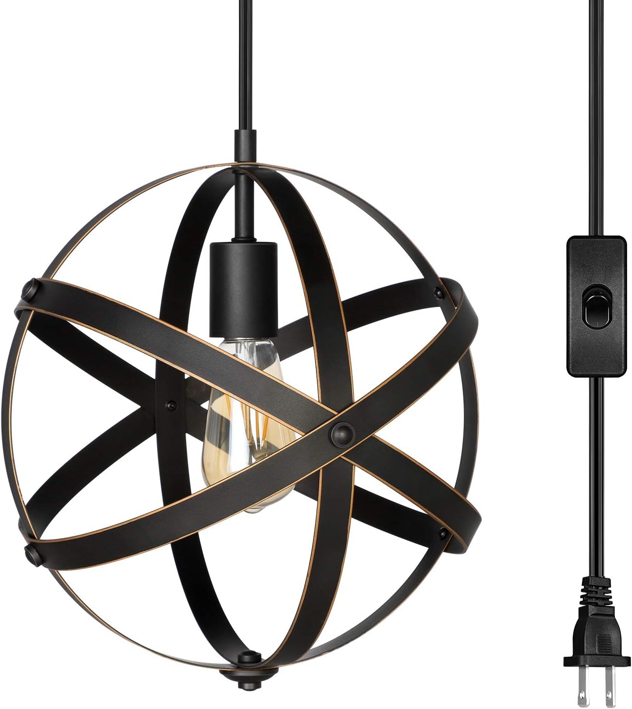 DEWENWILS Plug in Pendant Hanging Light, Industrial Farmhouse Metal Globe Vintage Ceiling Entryway Light Fixture with 15FT Cord and ON/Off Switch for Kitchen Island, Bedroom, Dining Hall Black