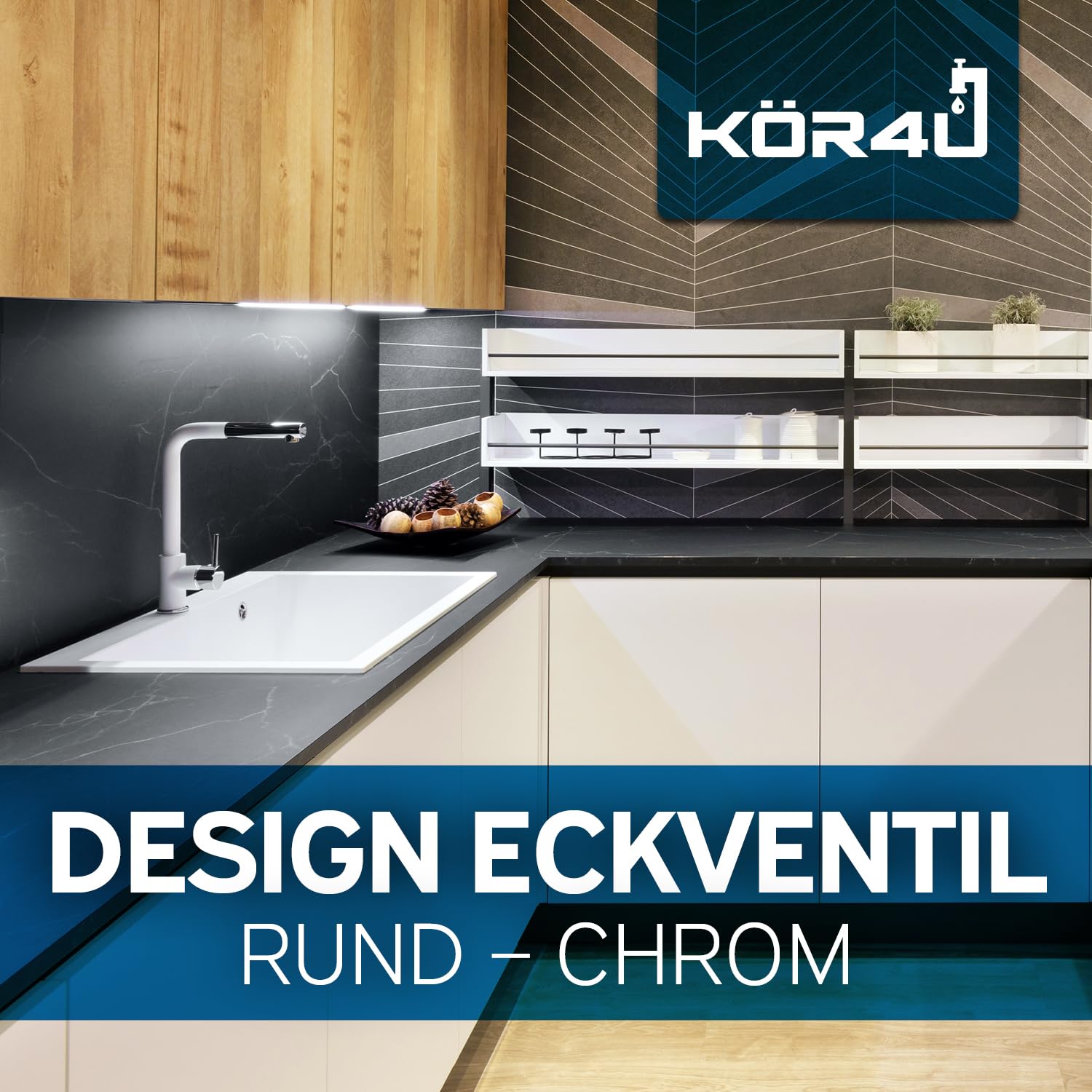 kör4u Zawór narożny o konstrukcji premium, 1/2 x 3/8 cala, zawór regulacji kątowej z funkcją szybkiego zamykania, nadaje się do łazienki i kuchni, łącznie z rozetą, chrom, okrągły