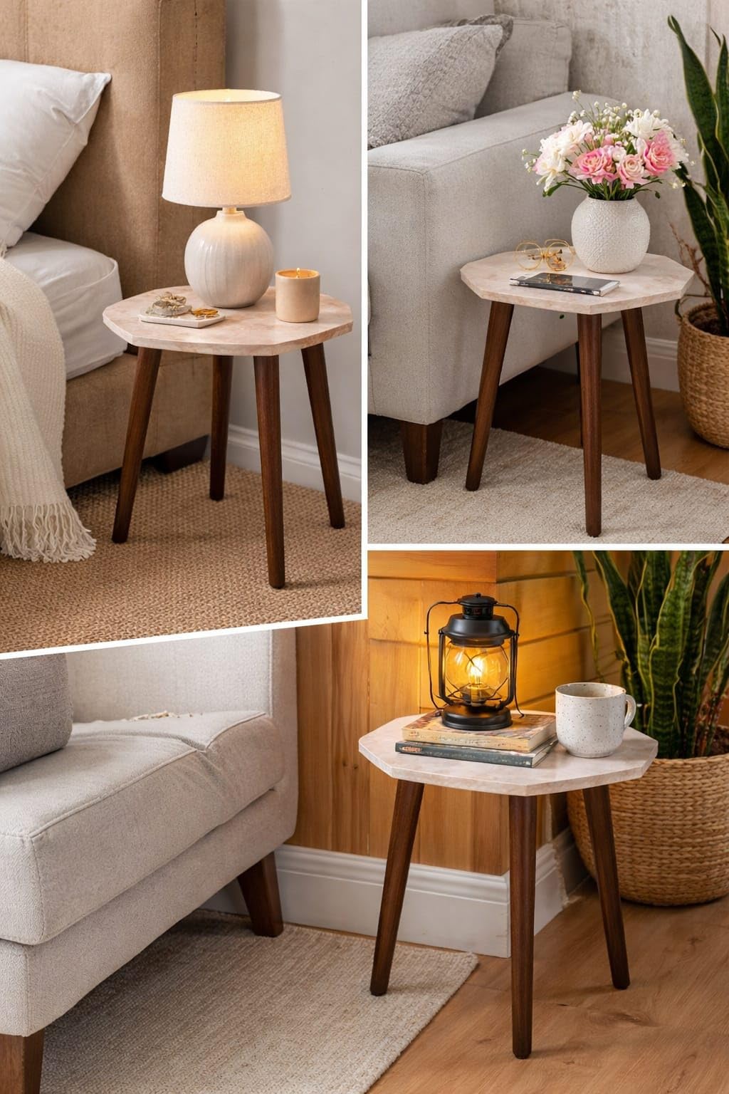 Octagonal Side Table with Rose Quartz Stone Top, Mango Wood Legs