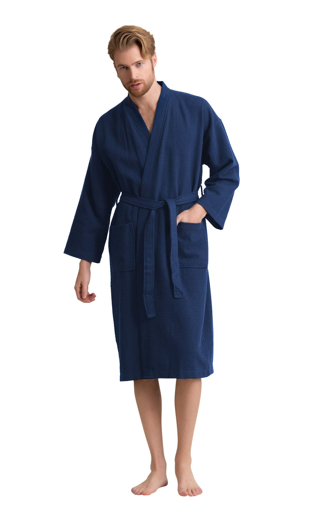 Men's Luxury Waffle Weaved Cotton Bathrobe - Lightweight & Soft - Quick Dry & Absorbent - Spa Robe for Men (Navy, Large)