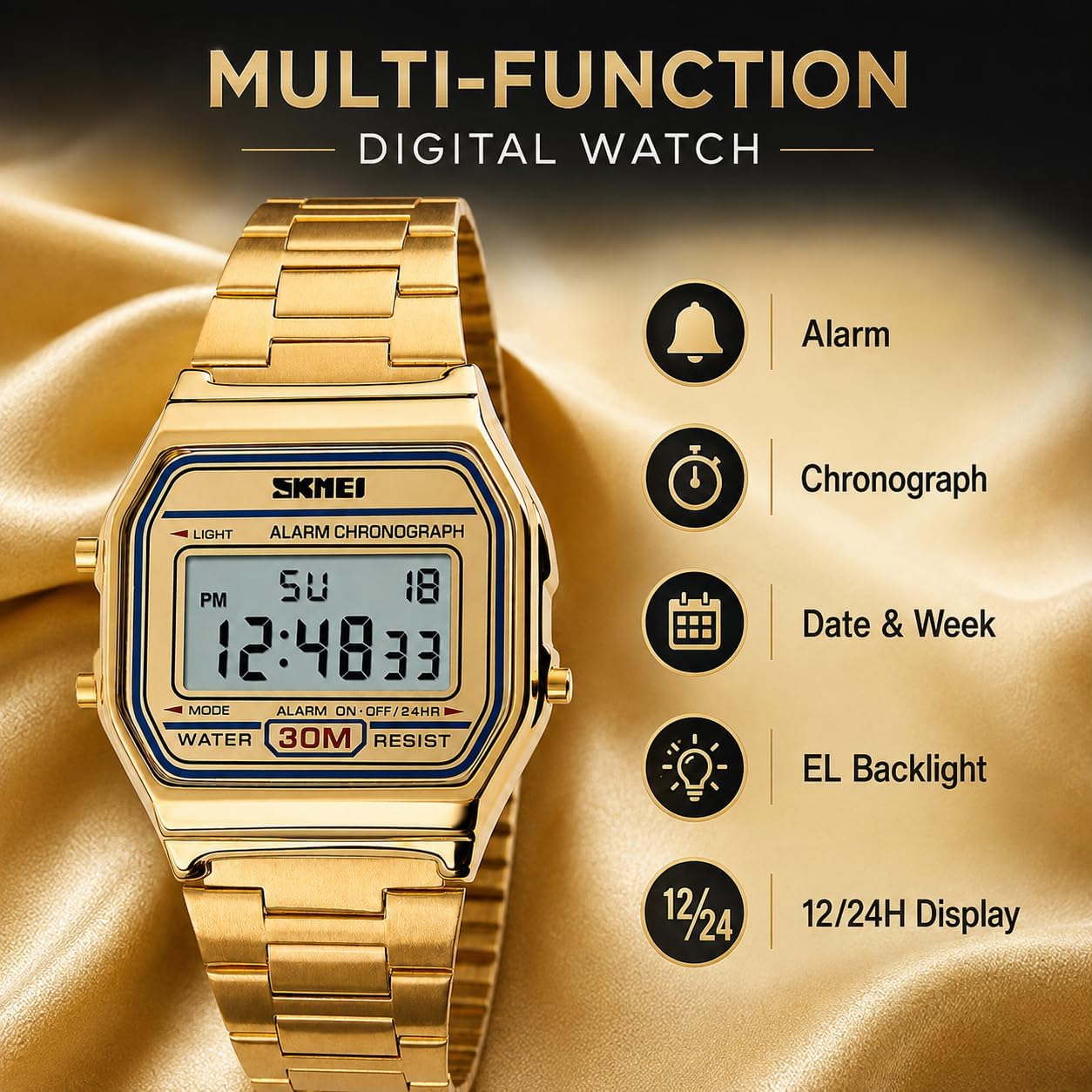 MASTOP Women's Classic Simple Petite Electronic Quartz Watch Stainless Steel Square Slim Led Digital Watch