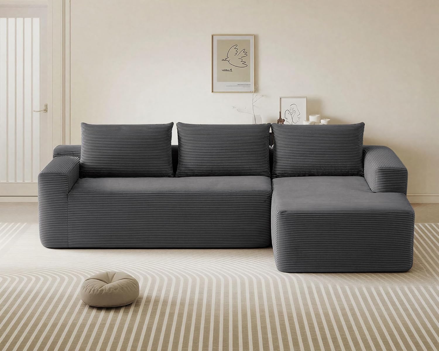 Yafylly 97inch Boneless L-Shaped Sectional Sofa with Throw Pillow & Side Pockets- No Assembly Compressed Modular Couch, Memory Foam, Deep Seat for Living Room, Bedroom, Apartment Grey Right