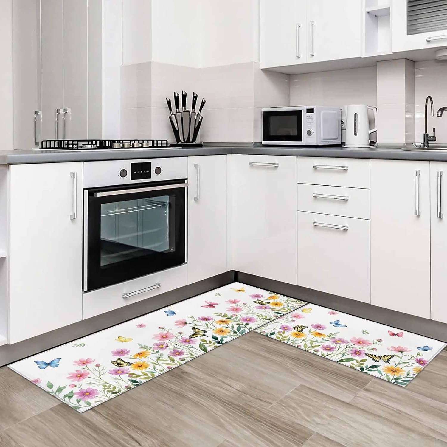 Kitchen Mats for Floor Summer Flower Colorful Butterflies Washable Non Slip Kitchen Rugs 2PCS, Watercolor Wildflowers Absorbent Standing Mats for Sink Office Living Room 15.7x23.6in+15.7x47.2in