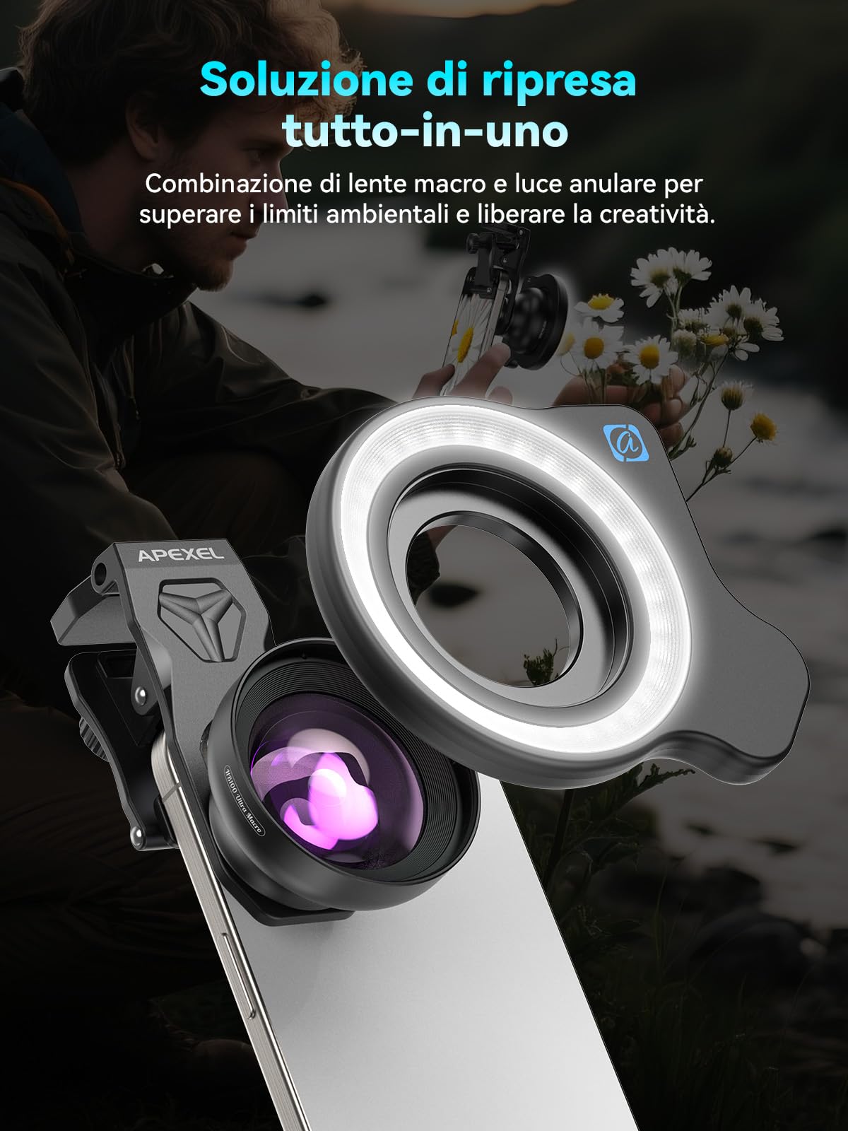 APEXEL 100Ultra Macro Obiettivo con Luce ad Anello, Versione Migliorata dell'Obiettivo per iPhone Samsung, Pixel