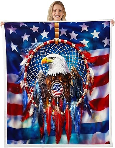 Miniatura 25 de Manta de franela con bandera estadounidense, manta de vellón de caballo corriendo para decoración de habitación, manta geométrica étnica bohemia