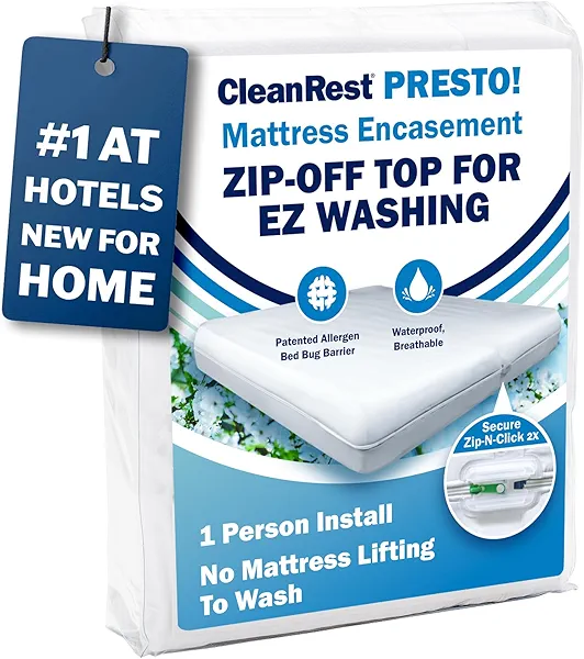 Queen Waterproof Mattress Protector, CleanRest Presto! Zip-Off Top Mattress Encasement for EZ Washing - Bed Bug, Dust Mite & Allergen Proof - 1 Person Install, No Mattress Lifting to Wash