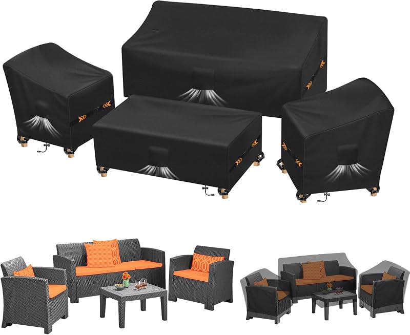 Outdoor Garden Furniture Covers Set, Windproof with Buckle Strap | Lawn Patio Set Covers for Chairs for Outside, Lawn Chairs, Coffee Table, Couch -210D Oxford Fabric, Black