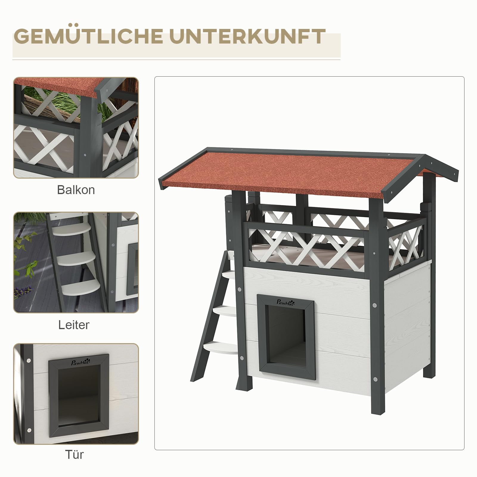 PawHut Katzenhaus aus Holz Winterfest wasserdicht Katzenhütte mit Asphaltdach Terrasse Treppe Katzenhöhle Katzenkiste Outdoor Schutzhütte für Draußen Garten Balkon 77 x 50 x 73 cm, Weiß