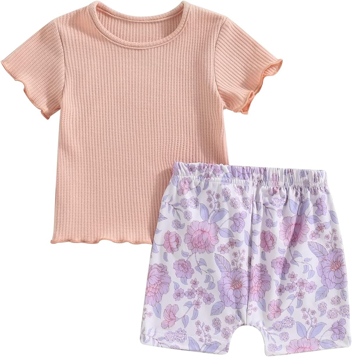 Baby Toddler Girl Summer Outfit 12 18 24 Months 2T 3T Clothes Knitted Stretch Cotton T-Shirt Tops & Elastic Floral Shorts Set