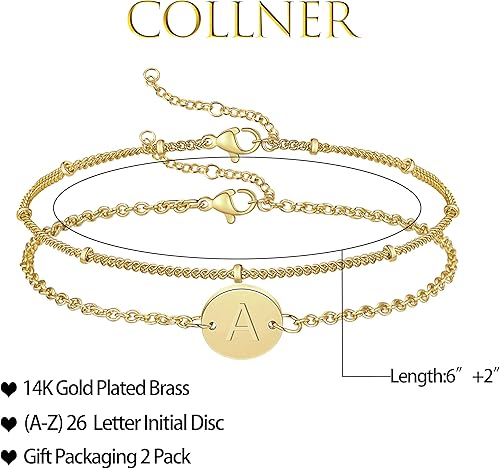 Miniatura 4 de Pulseras con Iniciales de Oro para Mujeres, Delicadas Pulseras de Cuentas en Capas Chapadas en Oro de 14K con Inicial de Letra Pulsera de Inicial