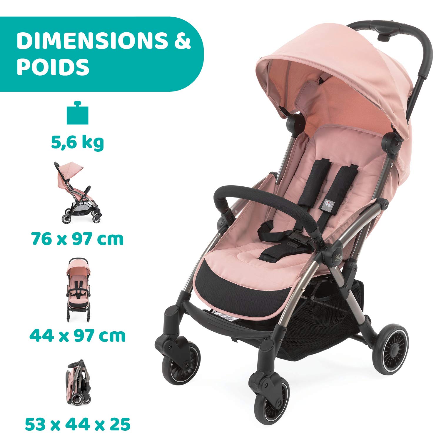 Chicco Cheerio Poussette Canne Bébé Compacte de 0 à 15 kg, Ultra Légère, Pliable et Inclinable avec Position Sommeil, Fermeture Automatique, Pare-soleil et Habillage Pluie, Blossom