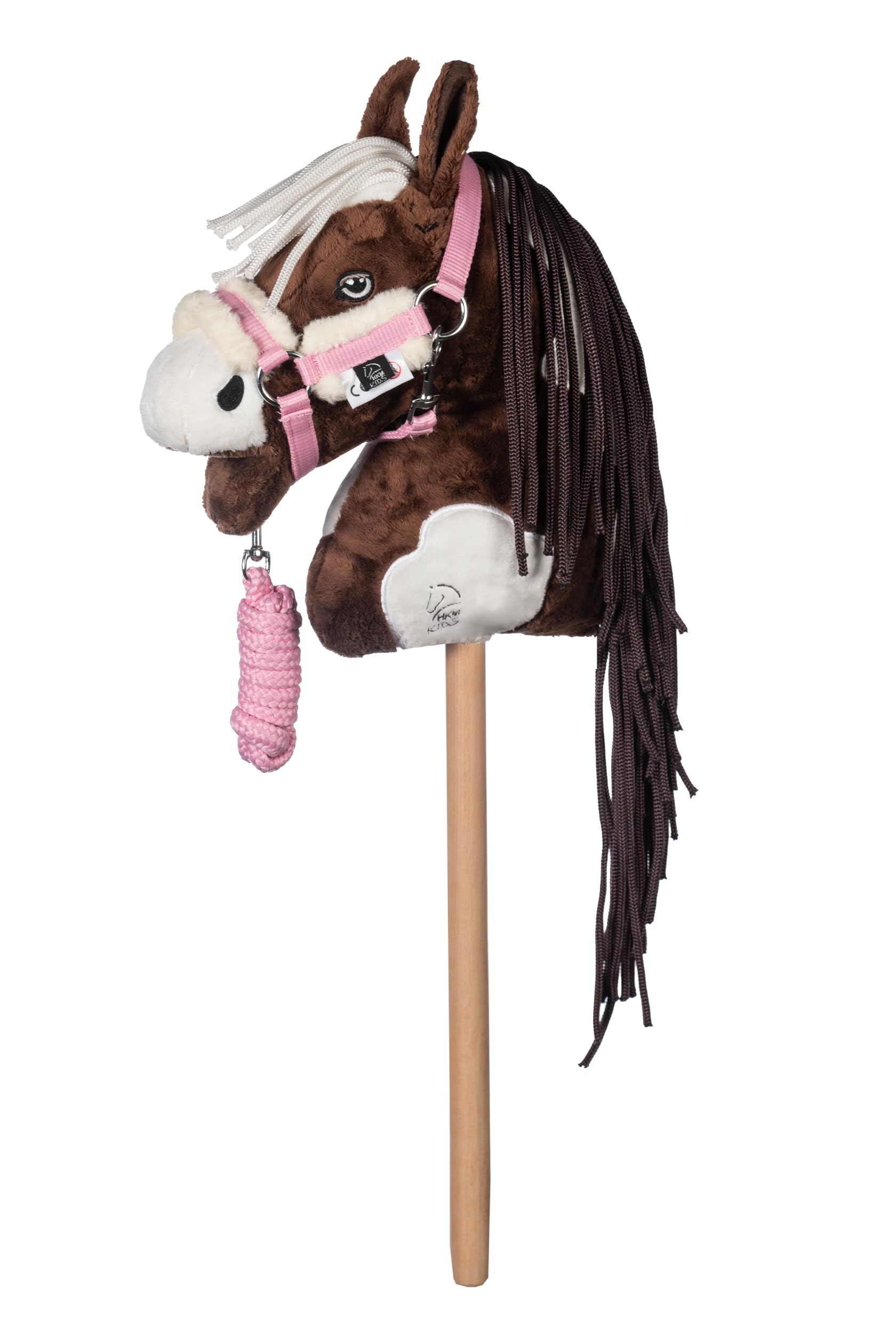 HKM Kids Hobby Horse, Schecke Braun-Weiß, mit Halfter und Führstrick in Rosa, Steckenpferd für Kinder, Pferde Spielzeug
